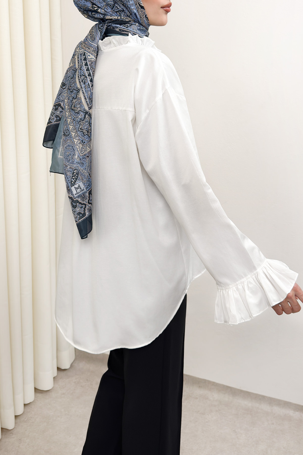 Fırfır Detaylı Oversize Gömlek 0057 - BEYAZ |  