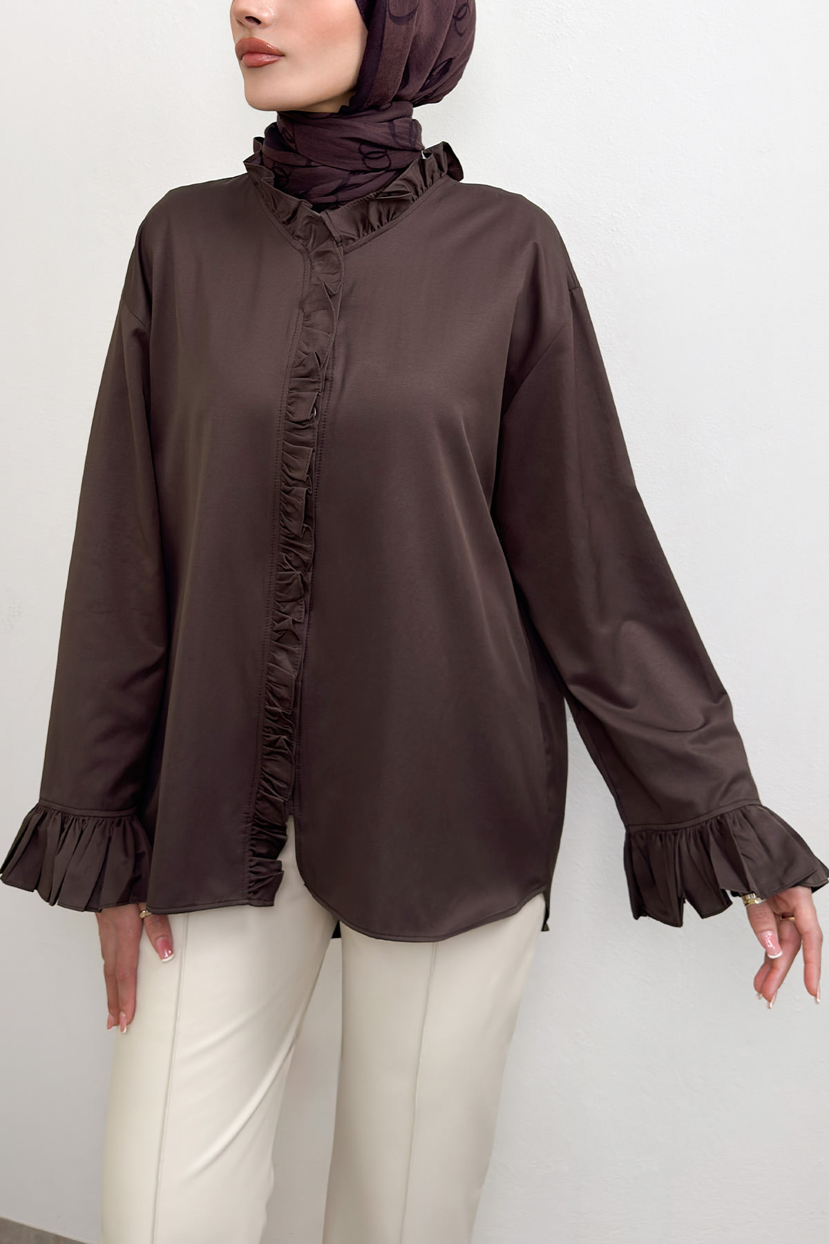 Fırfır Detaylı Oversize Gömlek 0057 - KAHVERENGİ |  