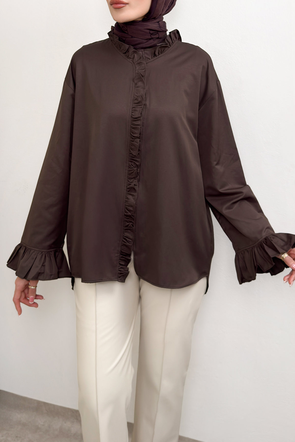 Fırfır Detaylı Oversize Gömlek 0057 - KAHVERENGİ |  