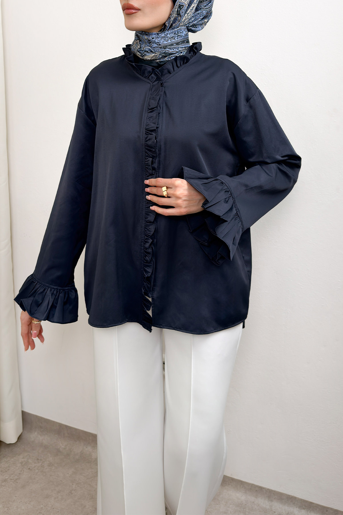 Fırfır Detaylı Oversize Gömlek 0057 - LACİVERT |  