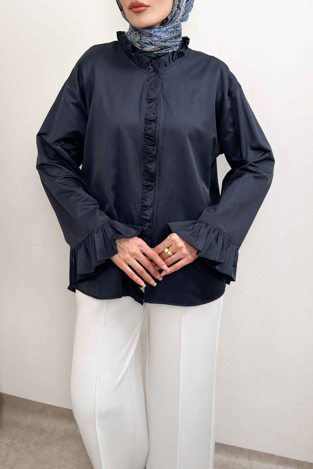 Fırfır Detaylı Oversize Gömlek 0057 - LACİVERT |  