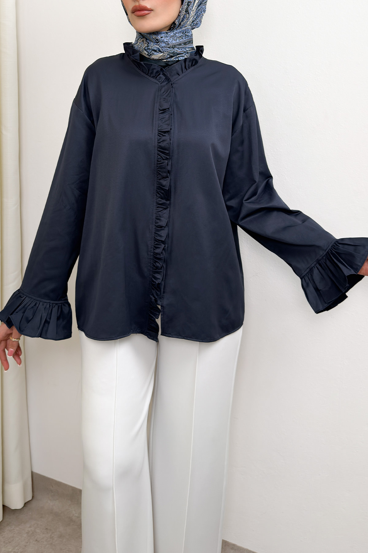 Fırfır Detaylı Oversize Gömlek 0057 - LACİVERT |  