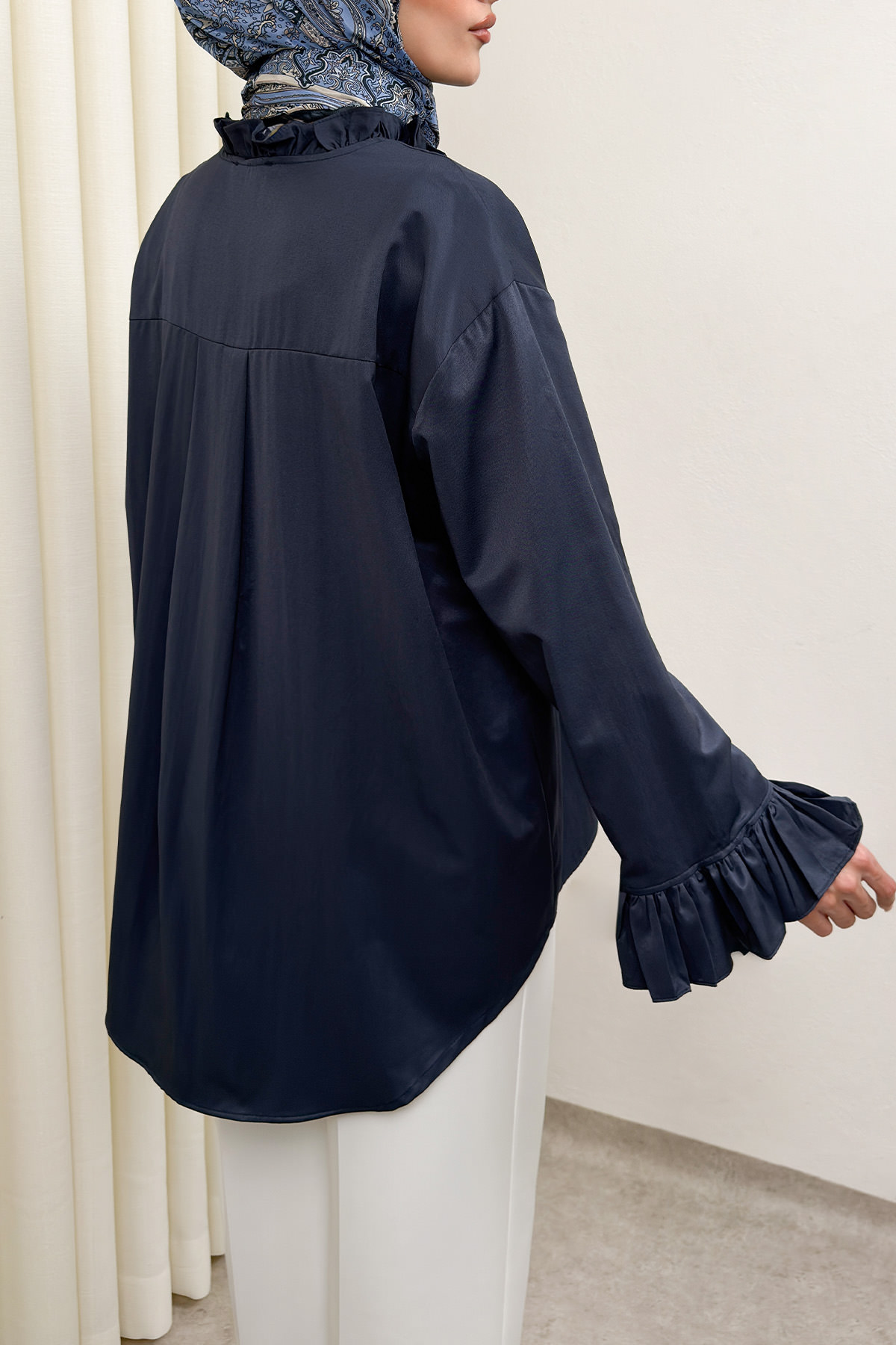 Fırfır Detaylı Oversize Gömlek 0057 - LACİVERT |  