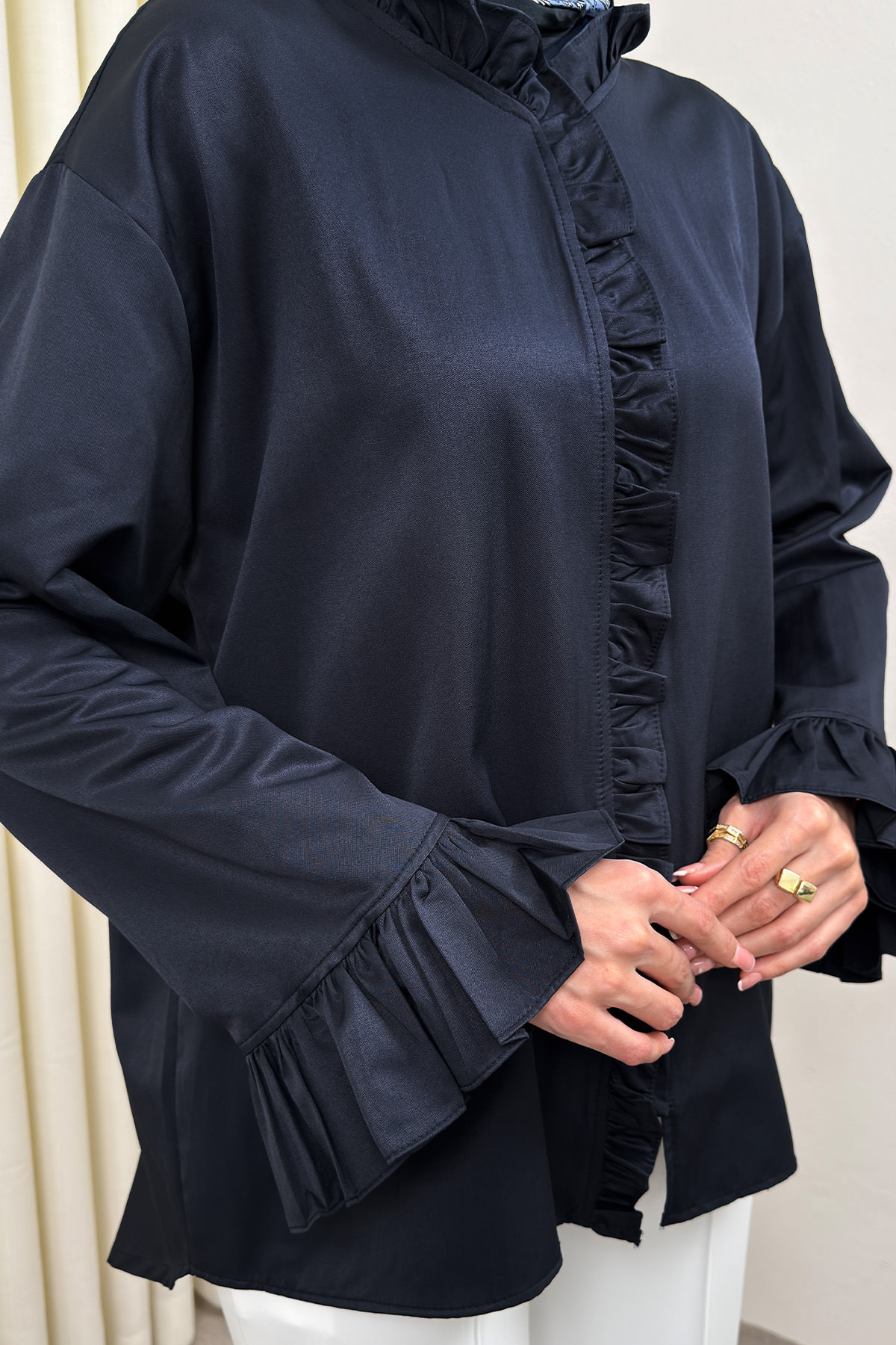 Fırfır Detaylı Oversize Gömlek 0057 - LACİVERT |  