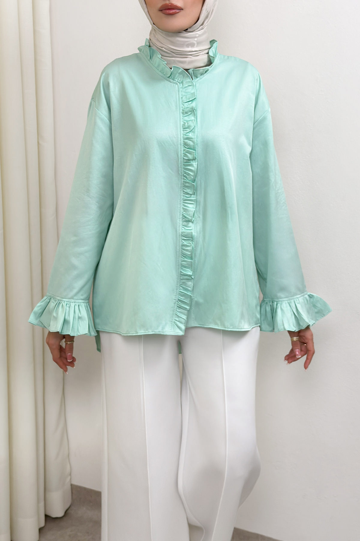 Fırfır Detaylı Oversize Gömlek 0057 - MİNT YEŞİLİ |  