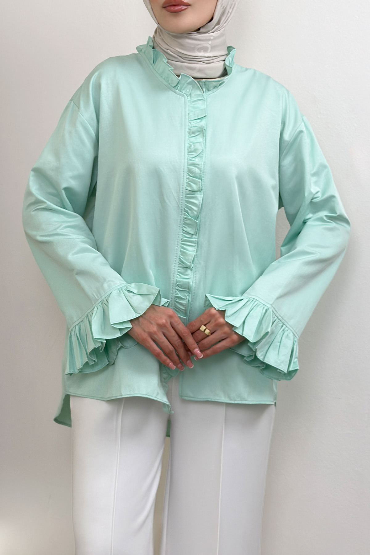 Fırfır Detaylı Oversize Gömlek 0057 - MİNT YEŞİLİ |  