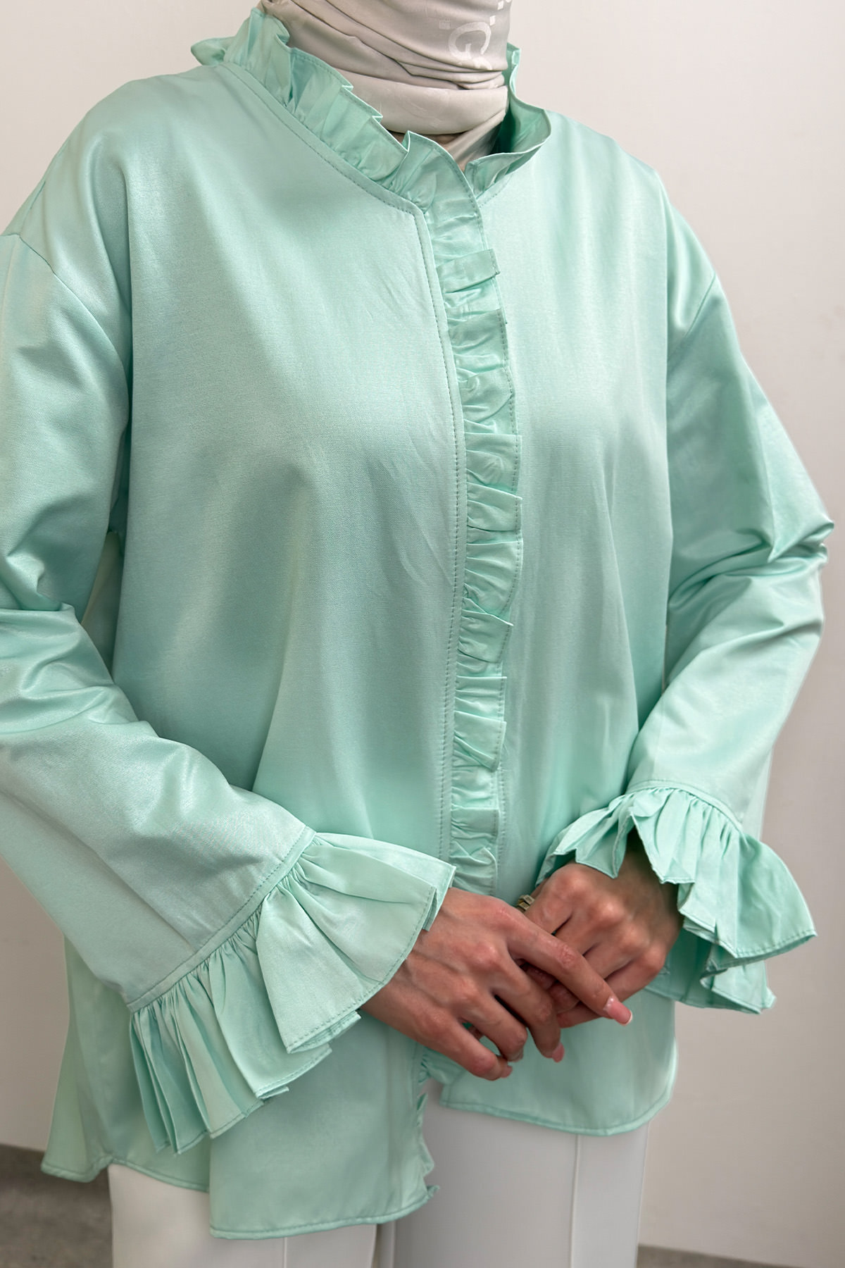 Fırfır Detaylı Oversize Gömlek 0057 - MİNT YEŞİLİ |  