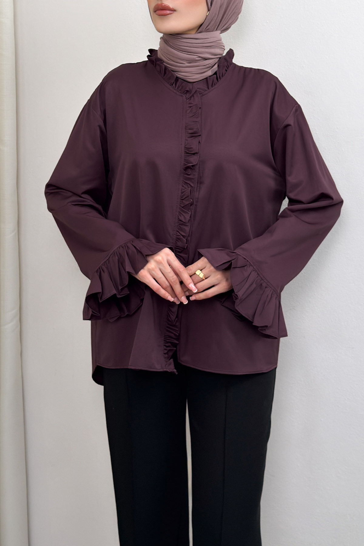 Fırfır Detaylı Oversize Gömlek 0057 - MÜRDÜM |  