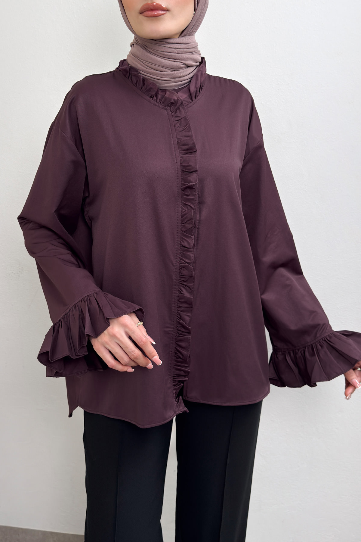 Fırfır Detaylı Oversize Gömlek 0057 - MÜRDÜM |  