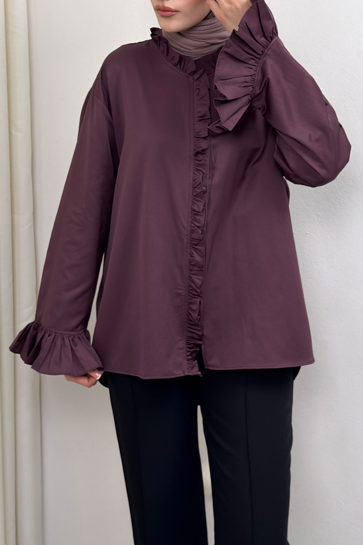 Fırfır Detaylı Oversize Gömlek 0057 - MÜRDÜM |  