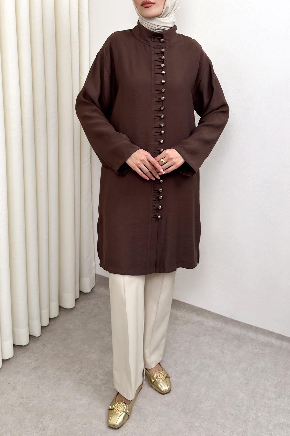Hakim Yaka Düğme Detaylı Tunik 0058 - KAHVERENGİ |  