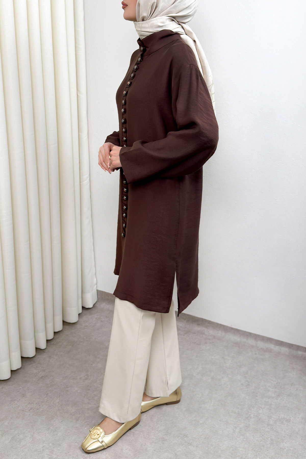 Hakim Yaka Düğme Detaylı Tunik 0058 - KAHVERENGİ |  