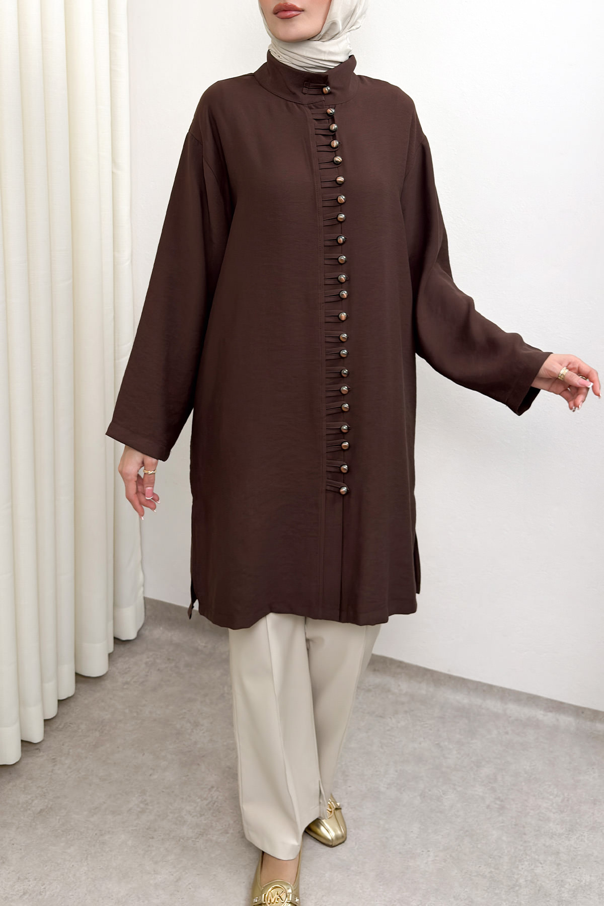 Hakim Yaka Düğme Detaylı Tunik 0058 - KAHVERENGİ |  