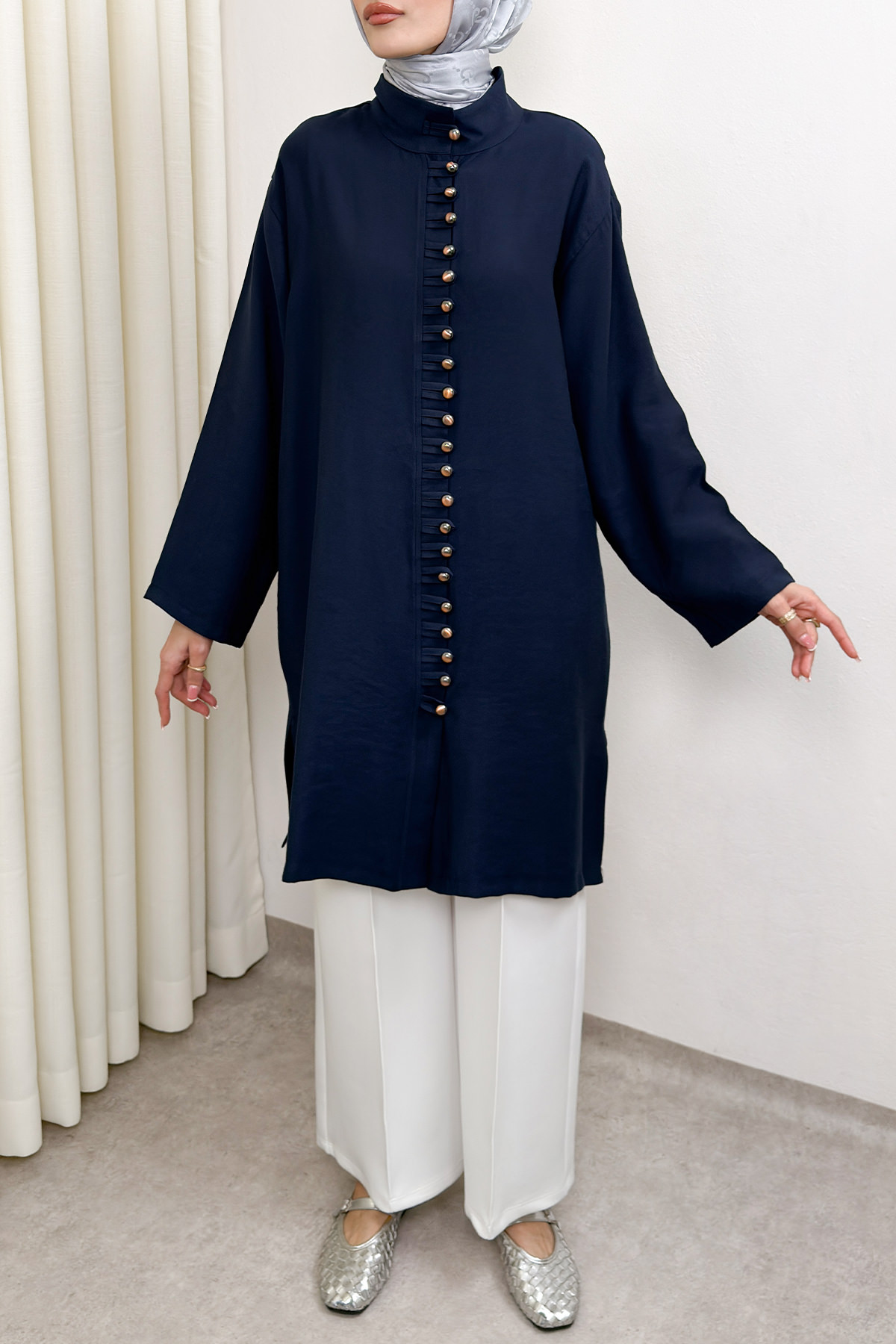 Hakim Yaka Düğme Detaylı Tunik 0058 - LACİVERT |  