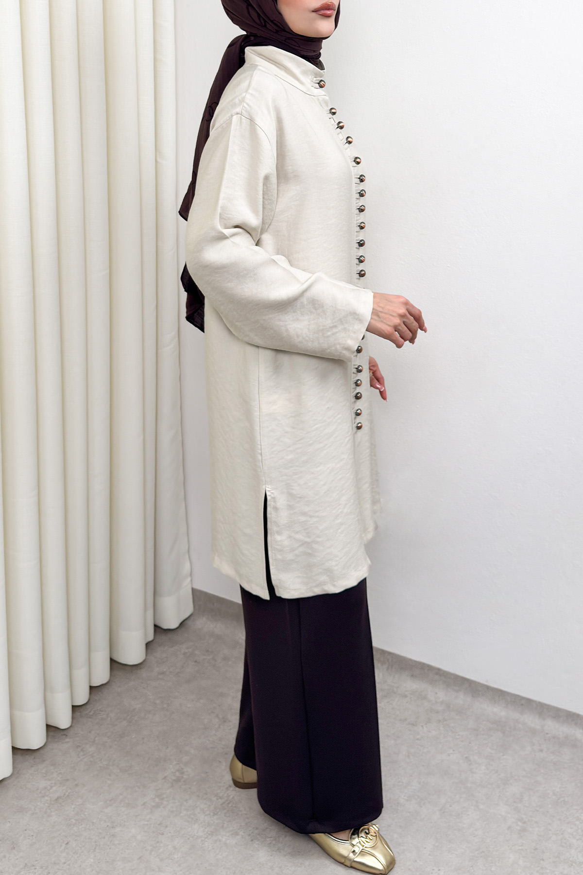 Hakim Yaka Düğme Detaylı Tunik 0058 - TAŞ RENGİ |  