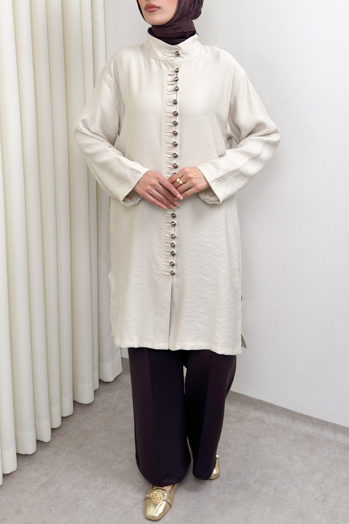 Hakim Yaka Düğme Detaylı Tunik 0058 - TAŞ RENGİ |  