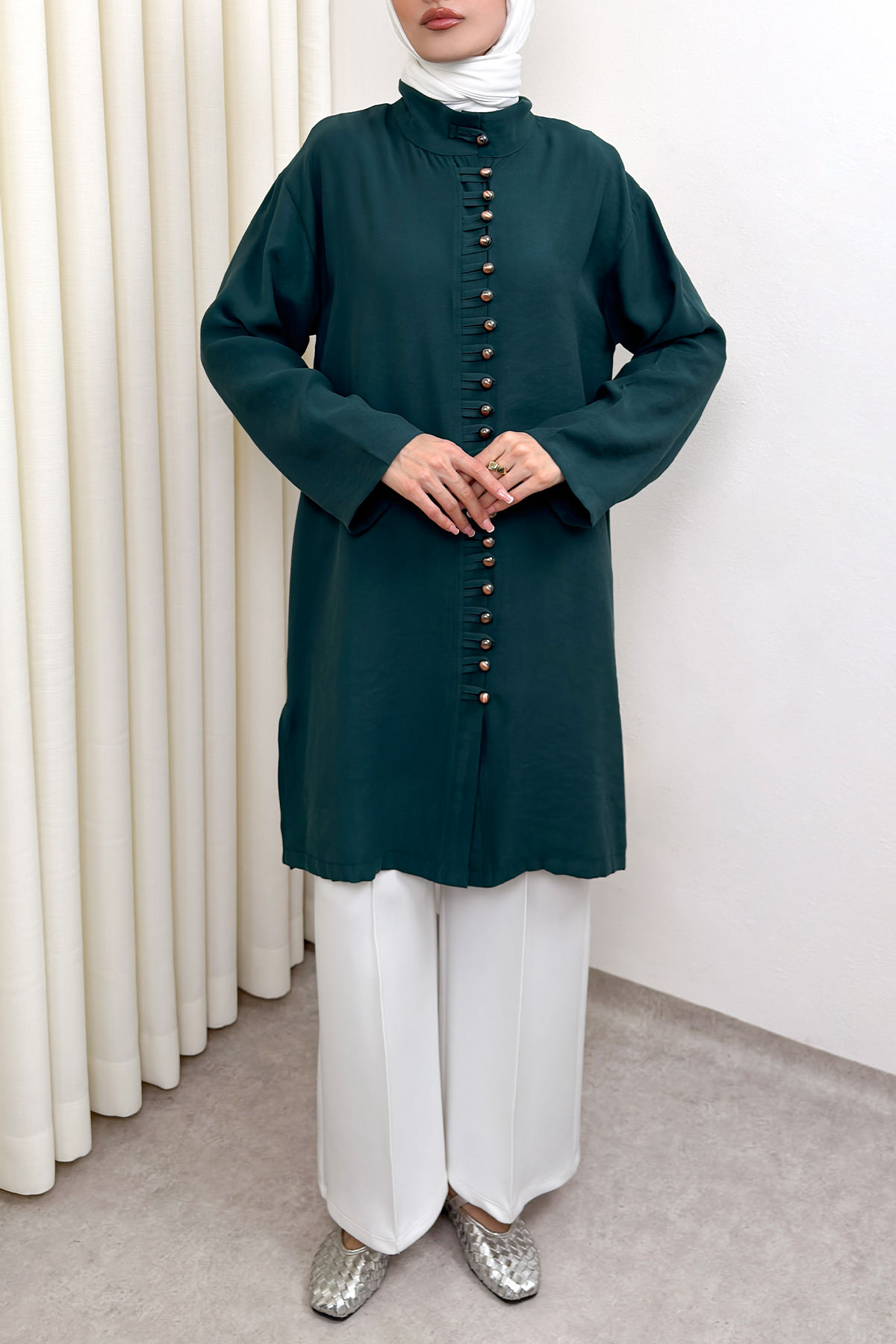 Hakim Yaka Düğme Detaylı Tunik 0058 - ZÜMRÜT YEŞİLİ |  