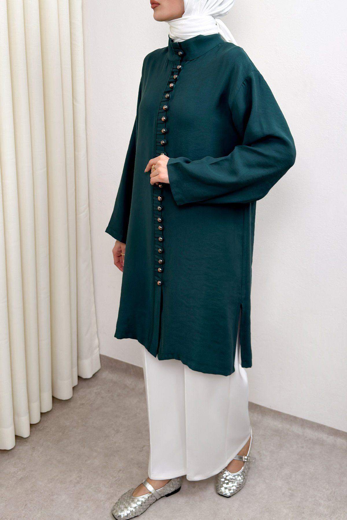 Hakim Yaka Düğme Detaylı Tunik 0058 - ZÜMRÜT YEŞİLİ |  