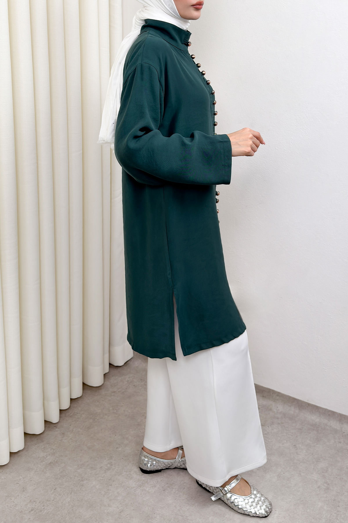 Hakim Yaka Düğme Detaylı Tunik 0058 - ZÜMRÜT YEŞİLİ |  