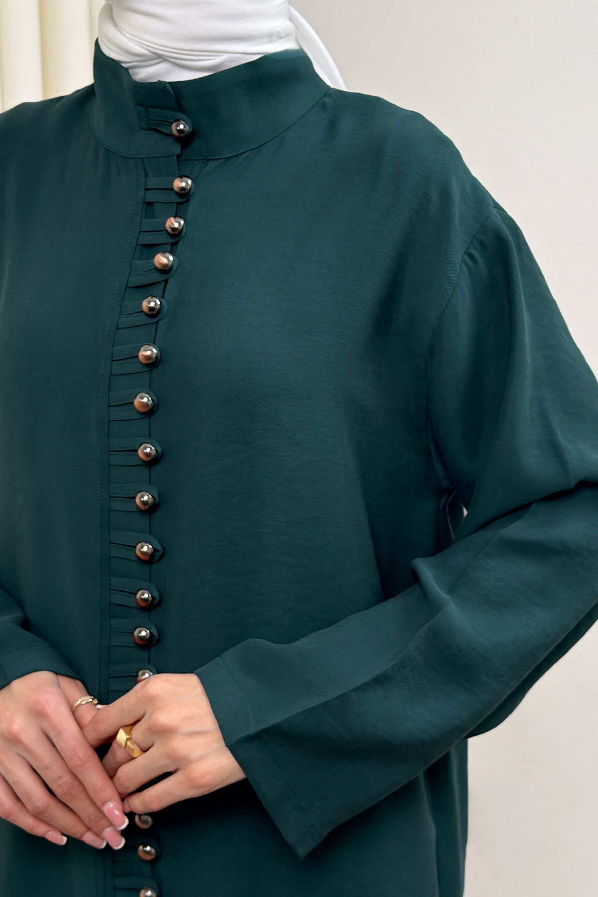 Hakim Yaka Düğme Detaylı Tunik 0058 - ZÜMRÜT YEŞİLİ |  