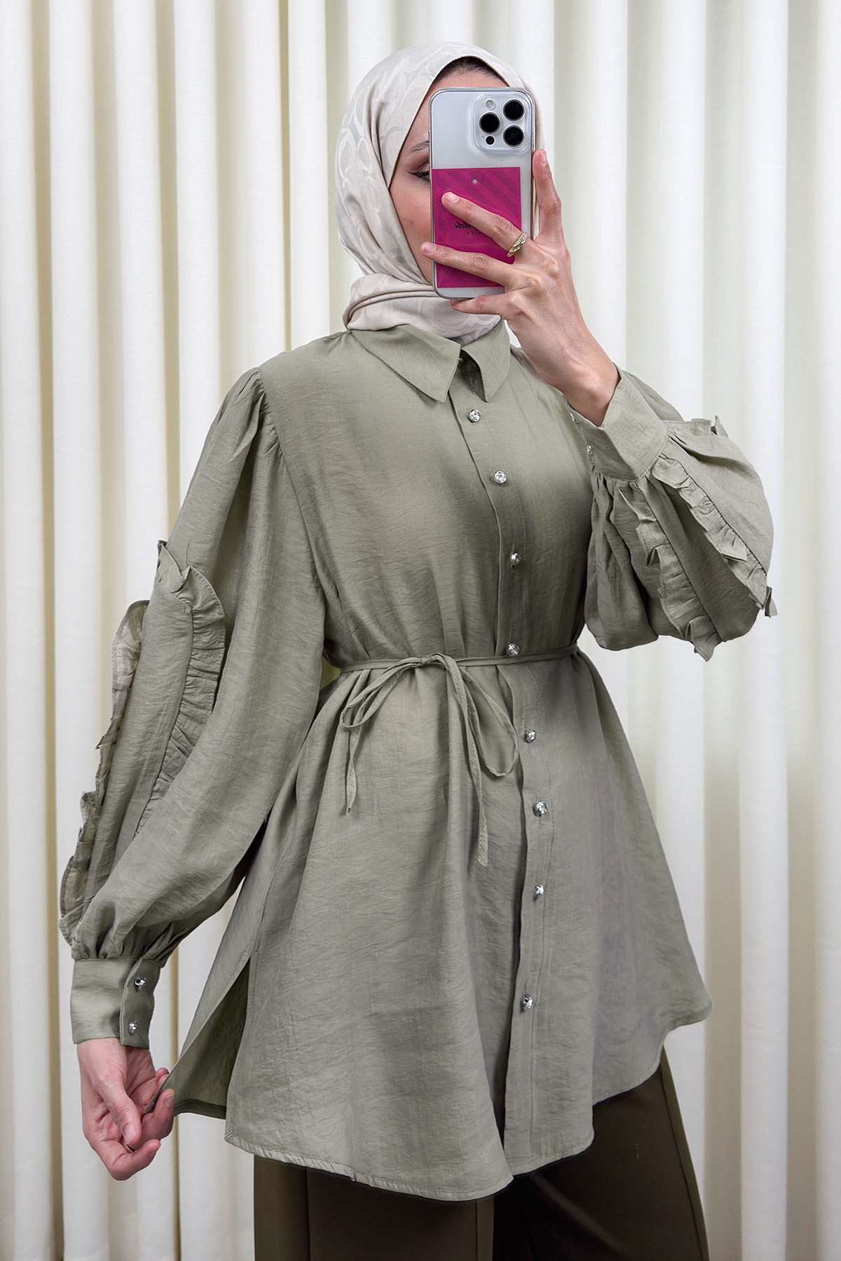 Fırfır Kol Detaylı Gömlek 0061 - HAKİ |  