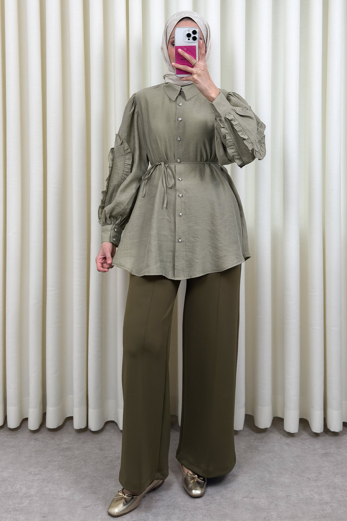 Fırfır Kol Detaylı Gömlek 0061 - HAKİ |  