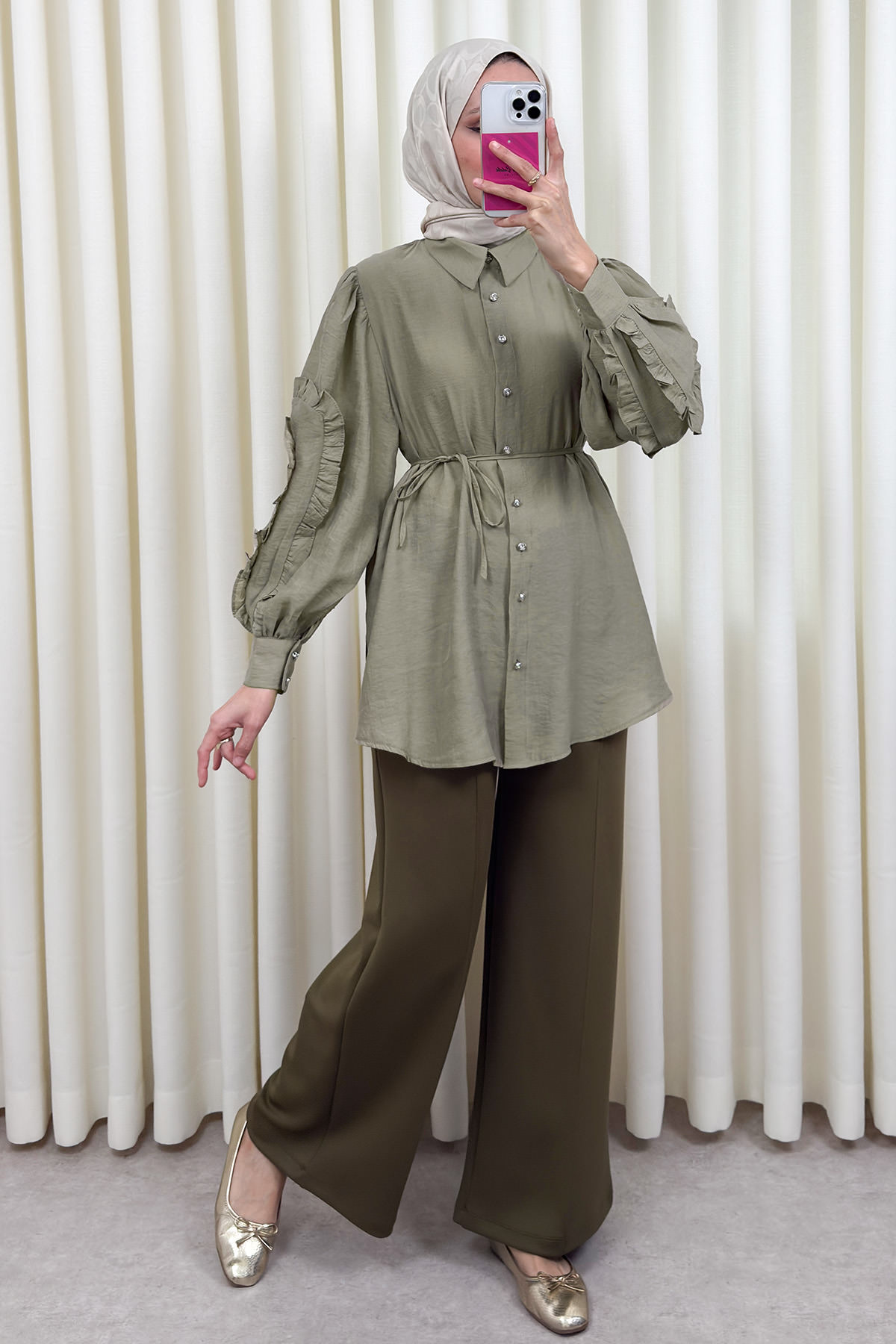 Fırfır Kol Detaylı Gömlek 0061 - HAKİ |  