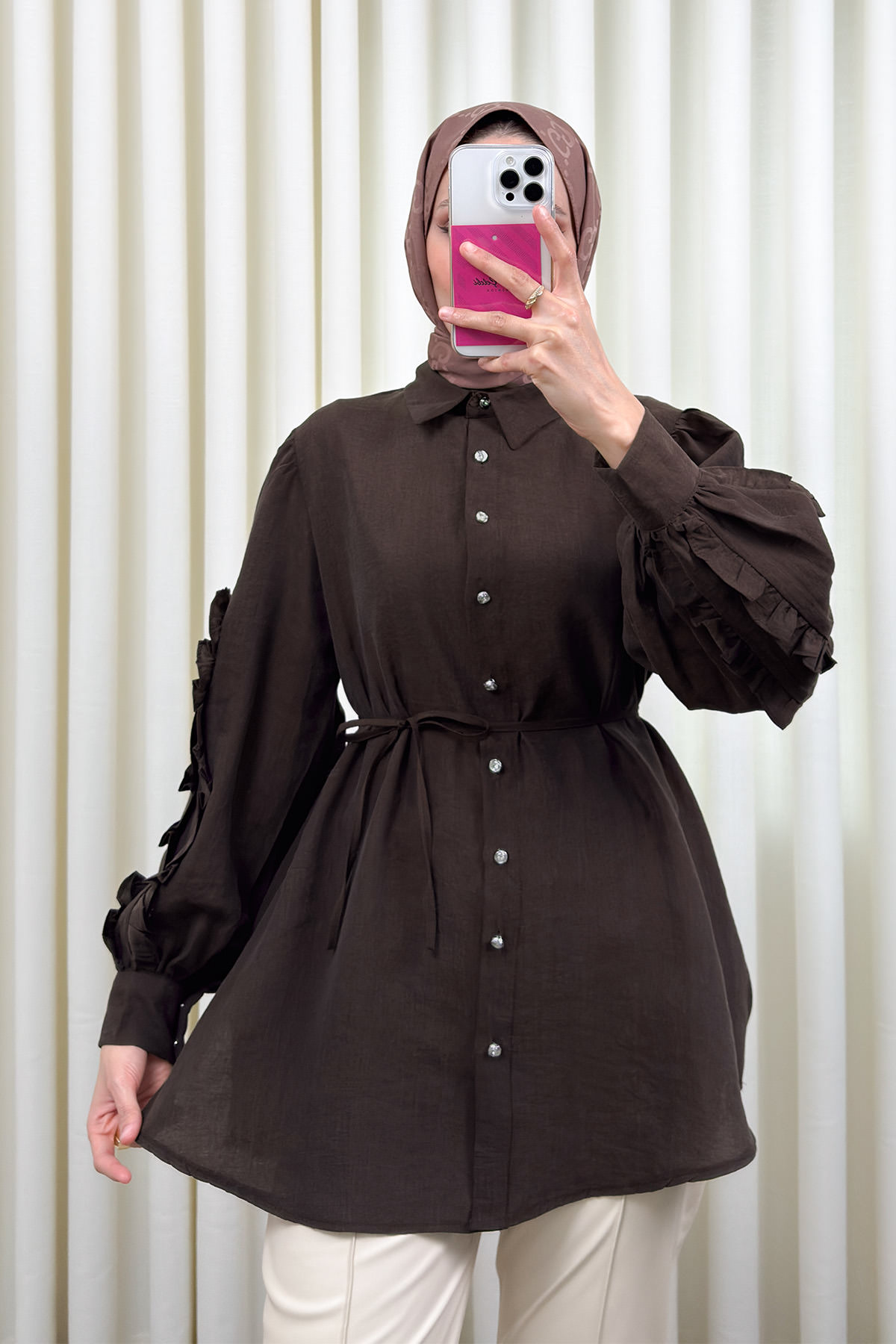 Fırfır Kol Detaylı Gömlek 0061 - KAHVERENGİ |  