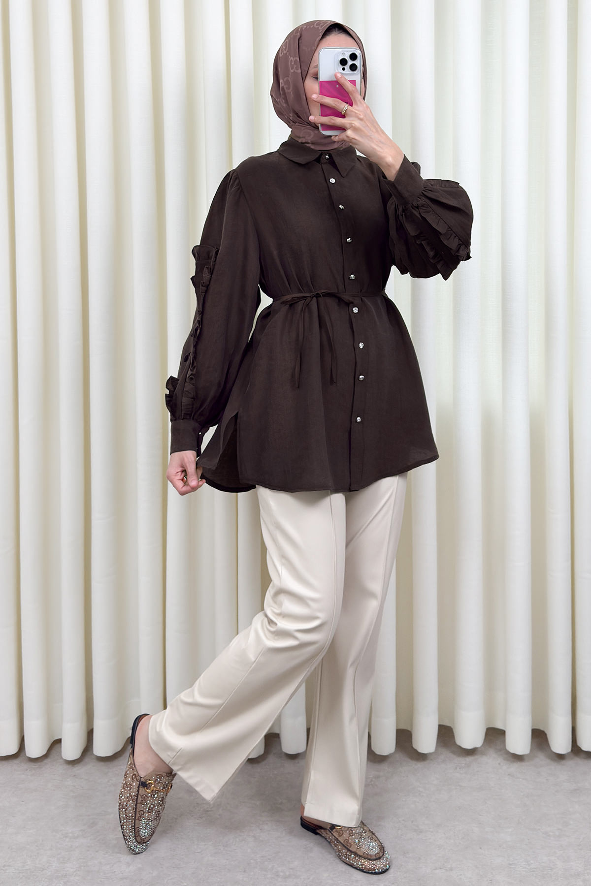 Fırfır Kol Detaylı Gömlek 0061 - KAHVERENGİ |  