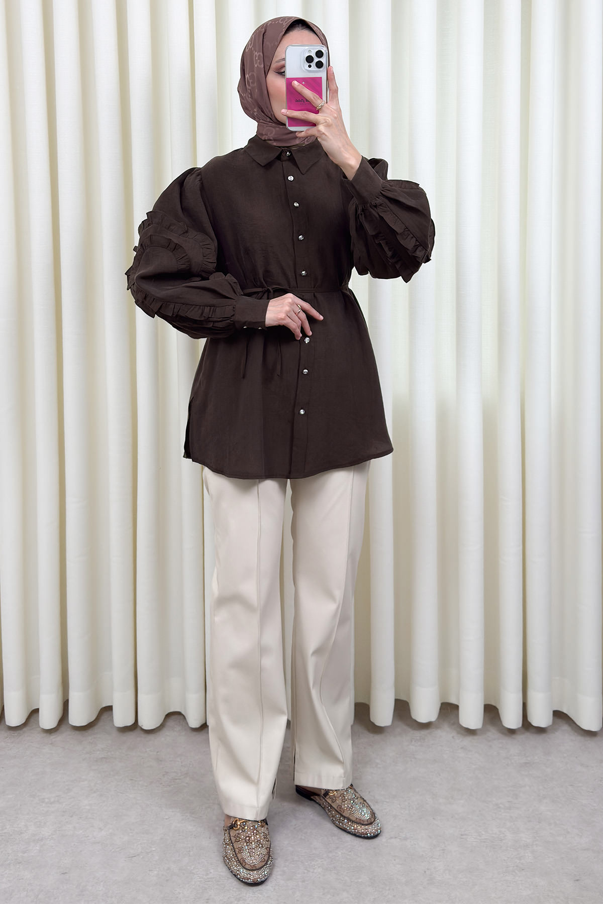 Fırfır Kol Detaylı Gömlek 0061 - KAHVERENGİ |  