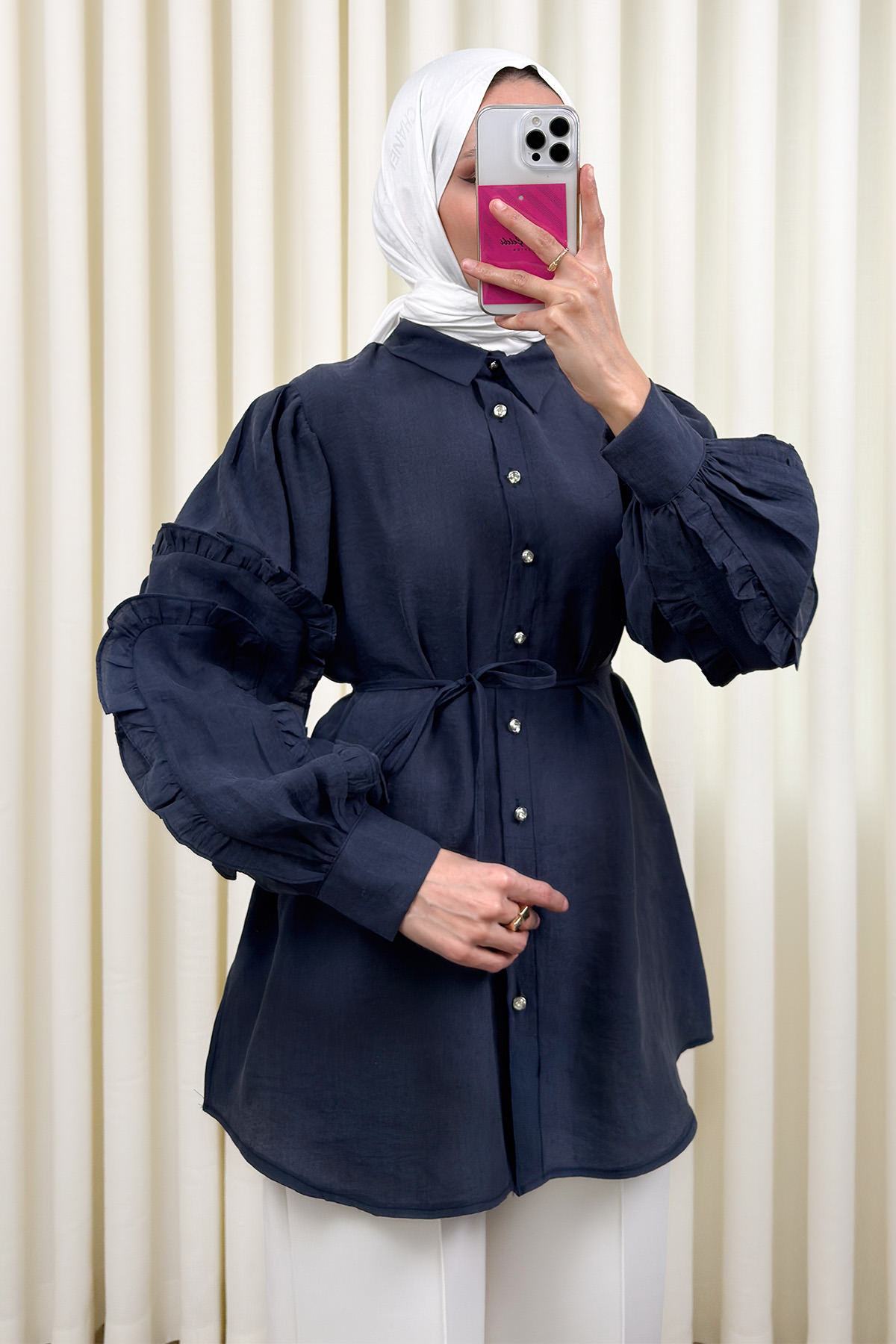 Fırfır Kol Detaylı Gömlek 0061 - LACİVERT |  