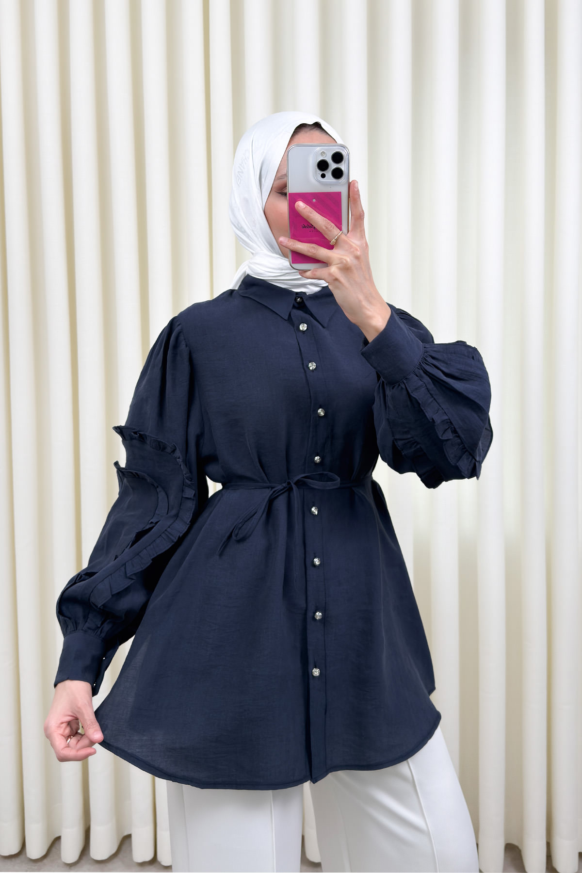 Fırfır Kol Detaylı Gömlek 0061 - LACİVERT |  