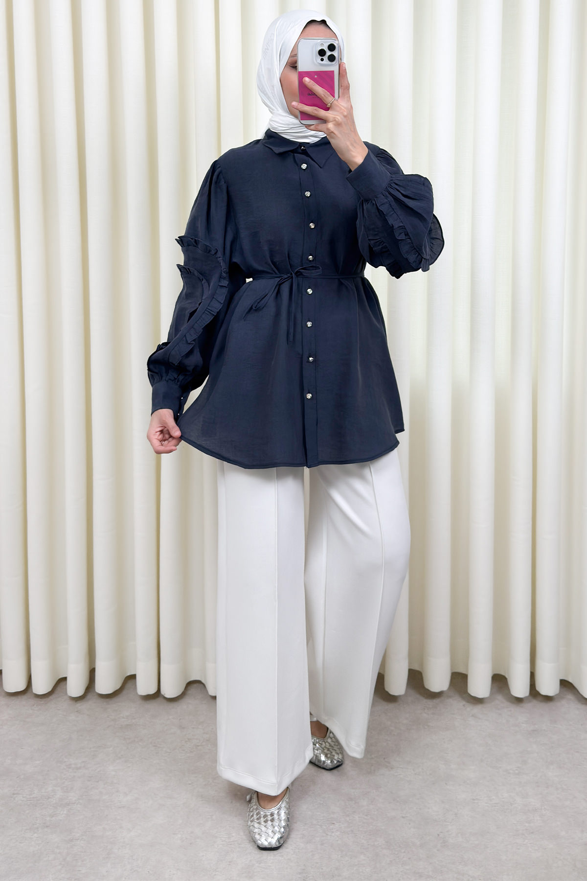 Fırfır Kol Detaylı Gömlek 0061 - LACİVERT |  