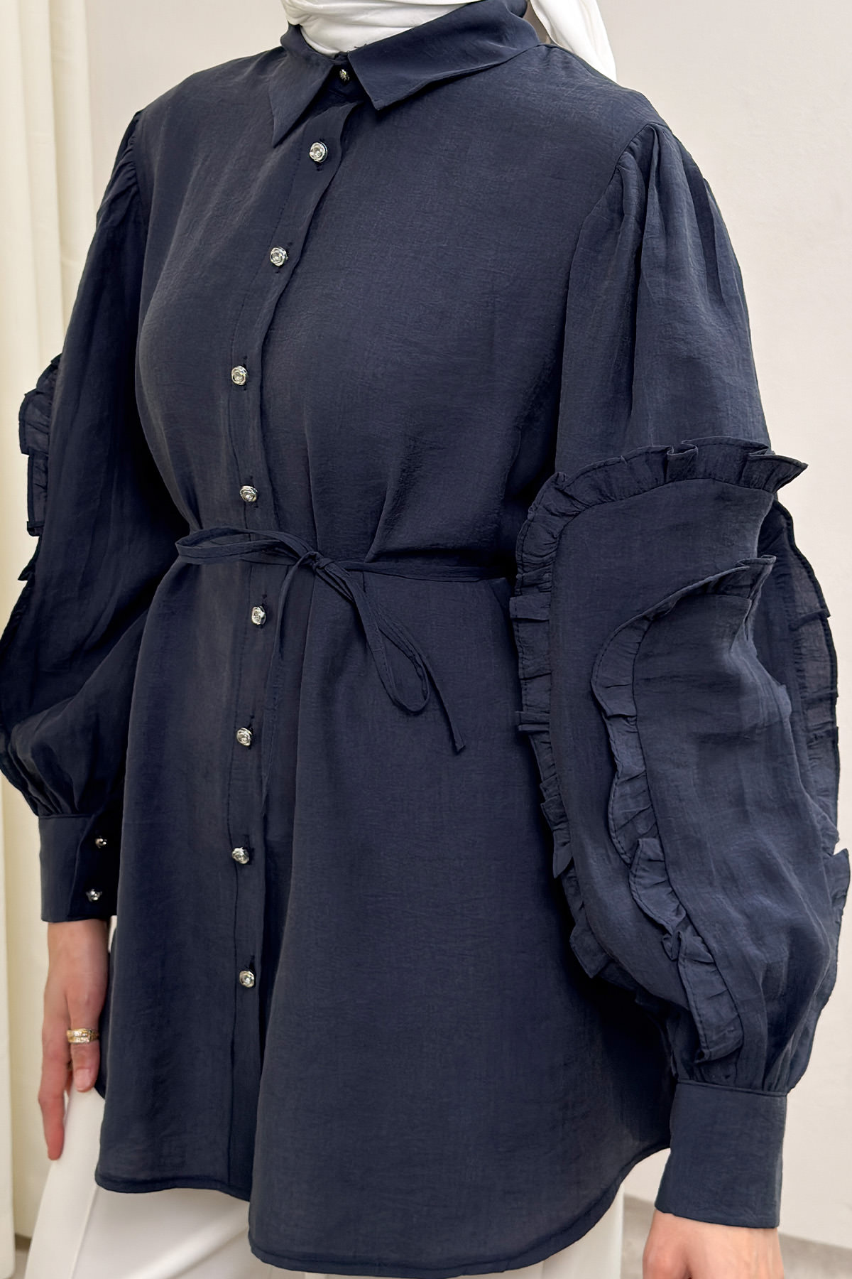 Fırfır Kol Detaylı Gömlek 0061 - LACİVERT |  