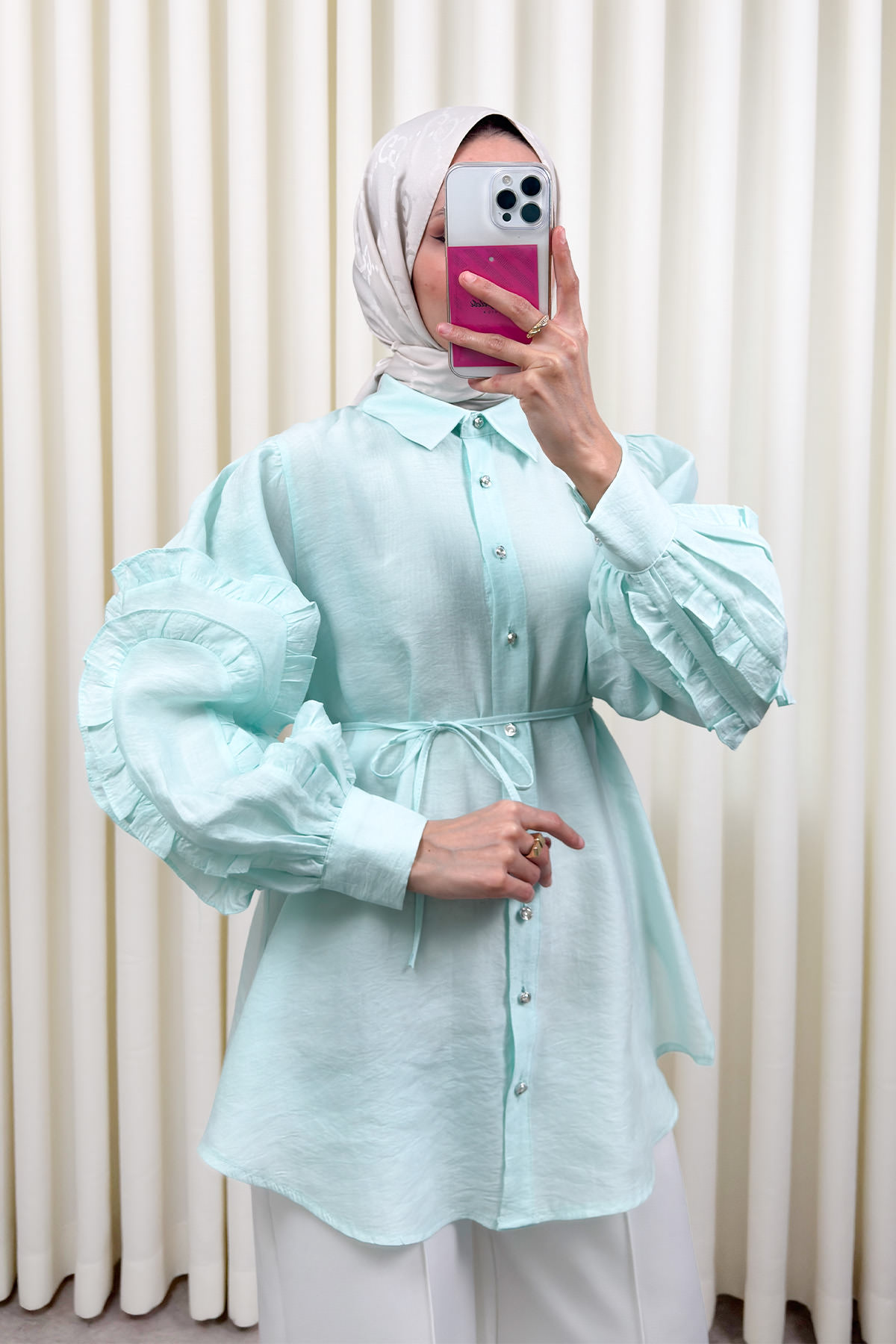 Fırfır Kol Detaylı Gömlek 0061 - MİNT YEŞİLİ |  