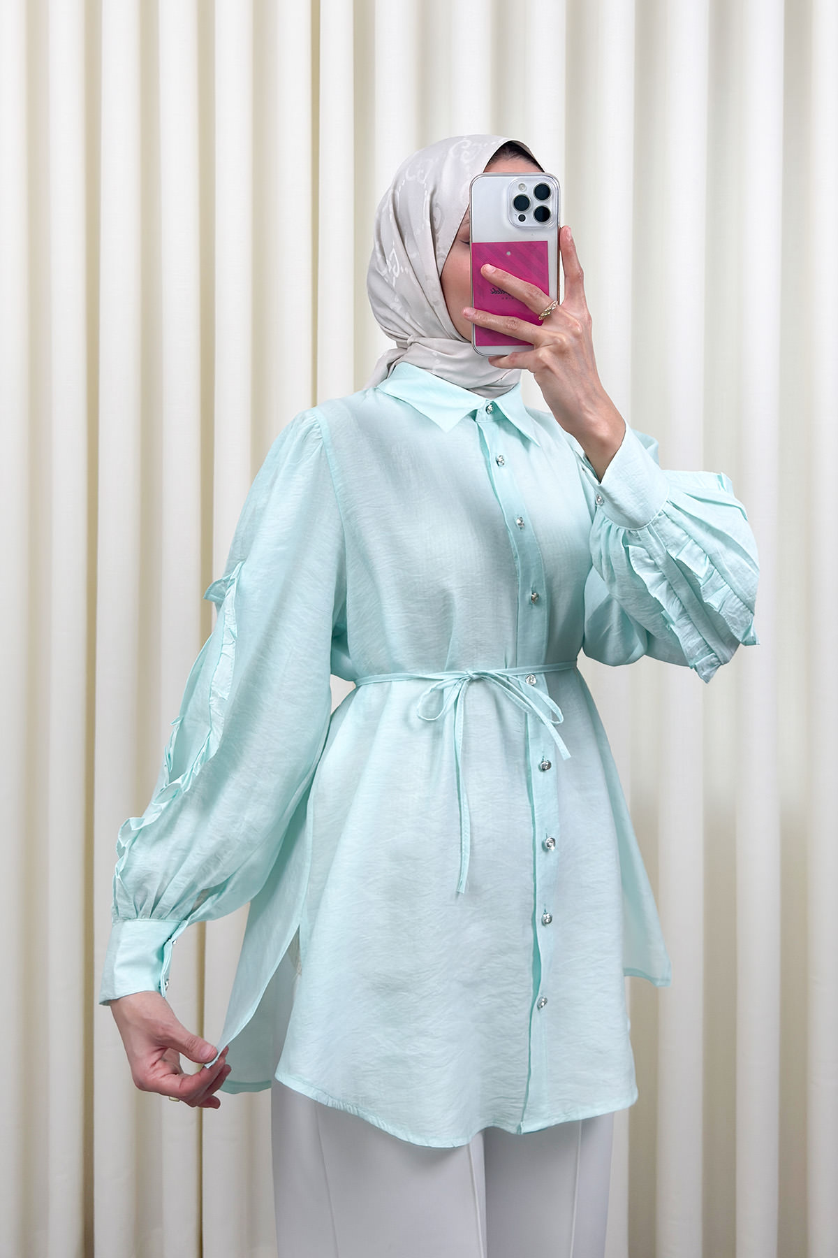 Fırfır Kol Detaylı Gömlek 0061 - MİNT YEŞİLİ |  