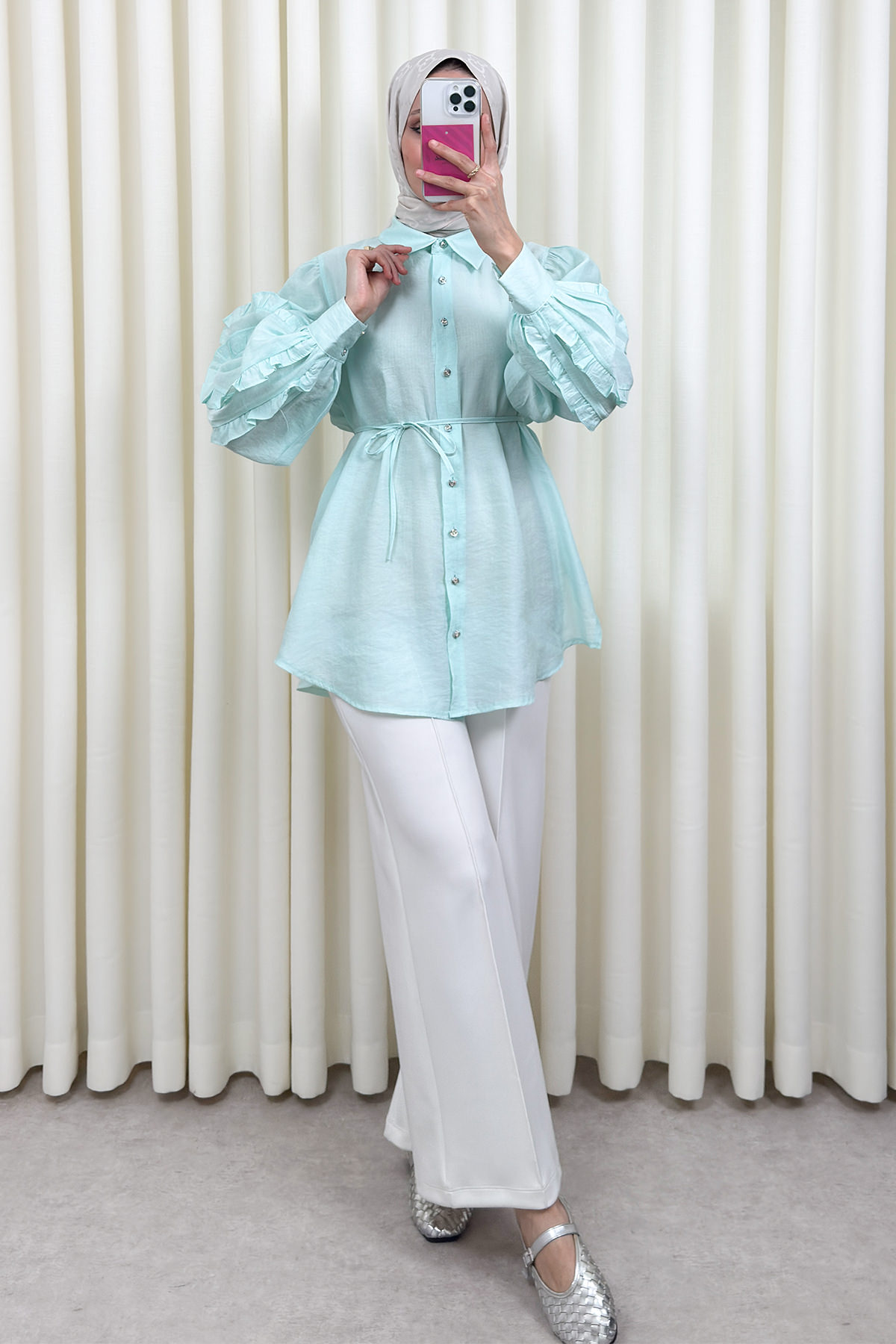 Fırfır Kol Detaylı Gömlek 0061 - MİNT YEŞİLİ |  