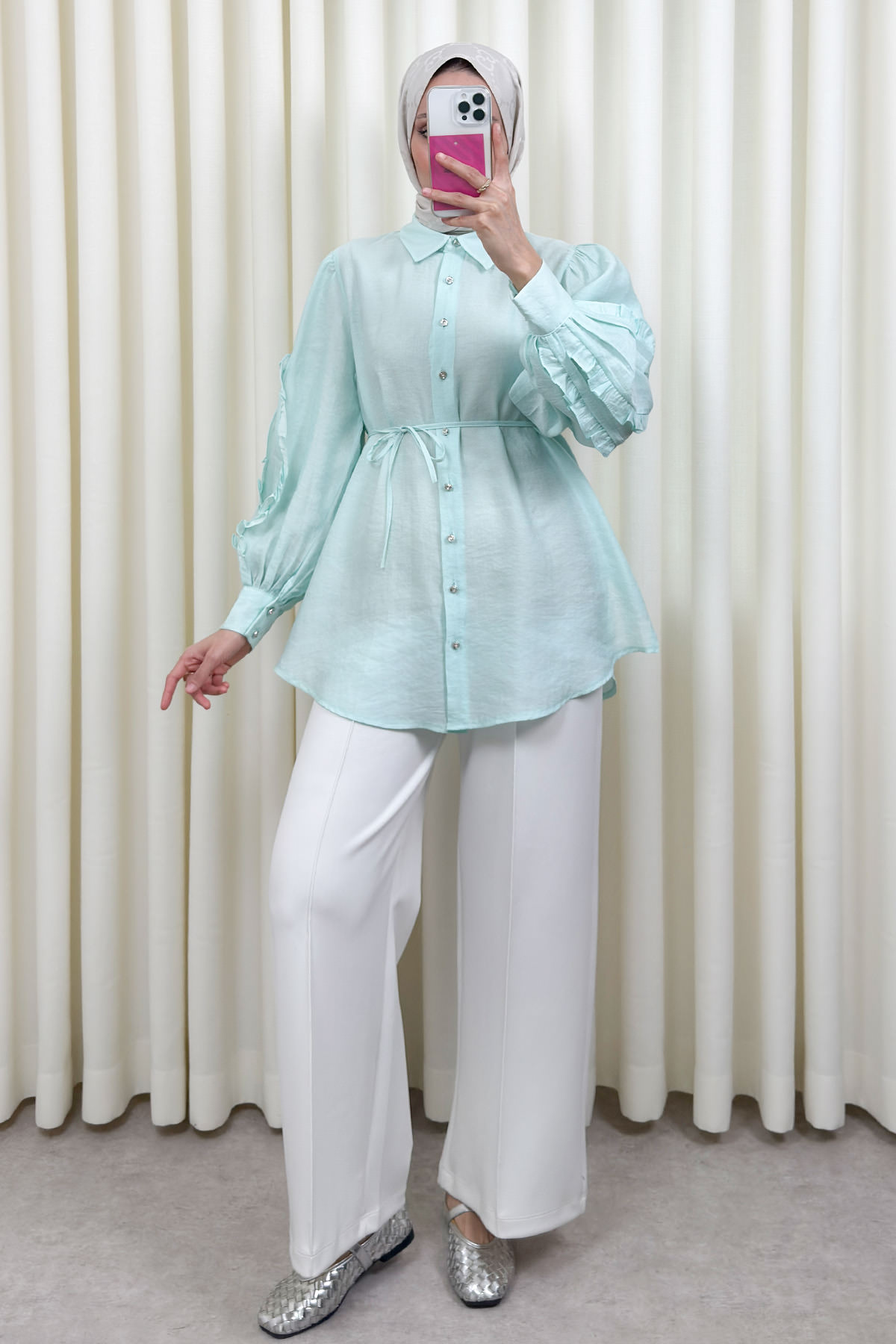 Fırfır Kol Detaylı Gömlek 0061 - MİNT YEŞİLİ |  