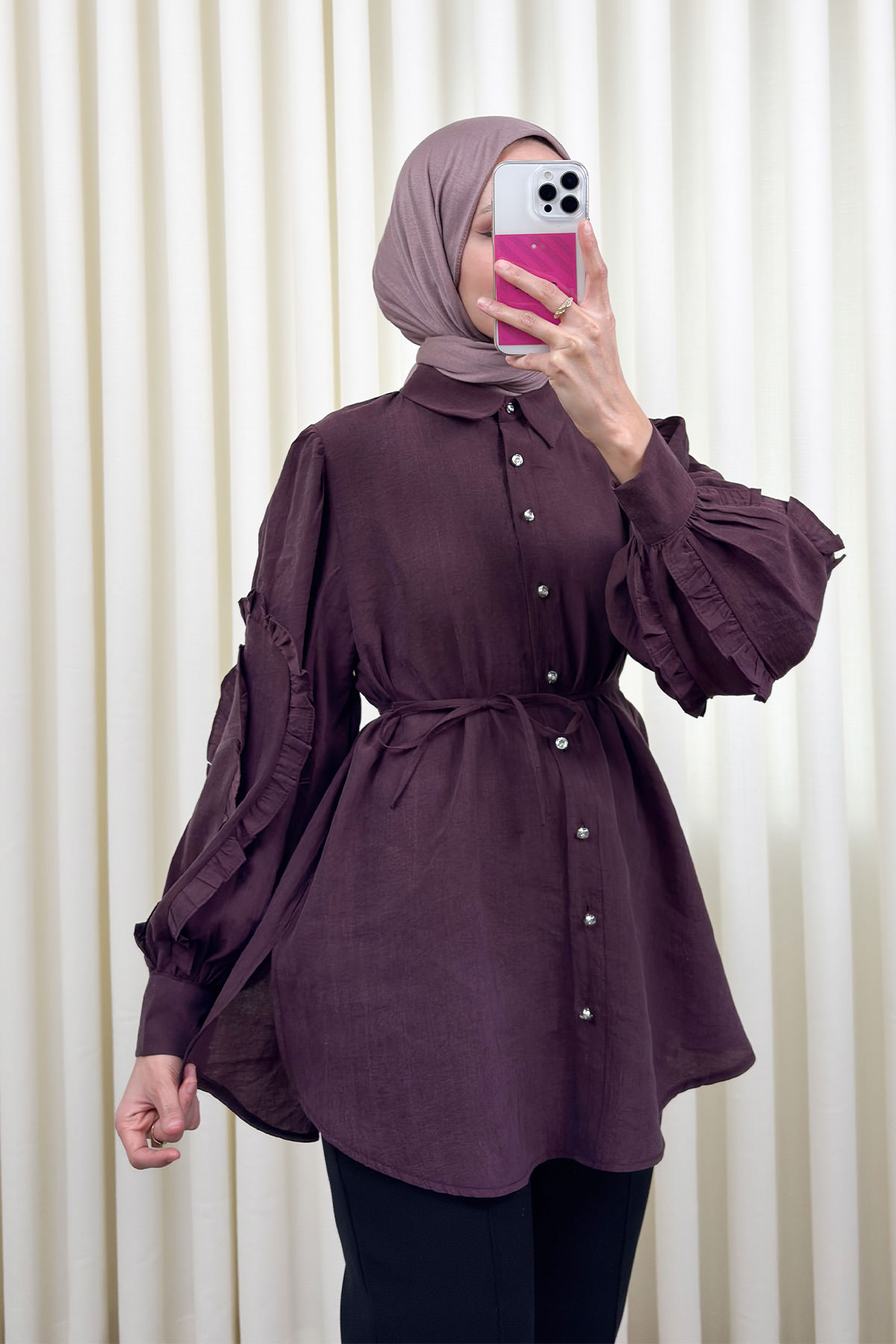 Fırfır Kol Detaylı Gömlek 0061 - MÜRDÜM |  