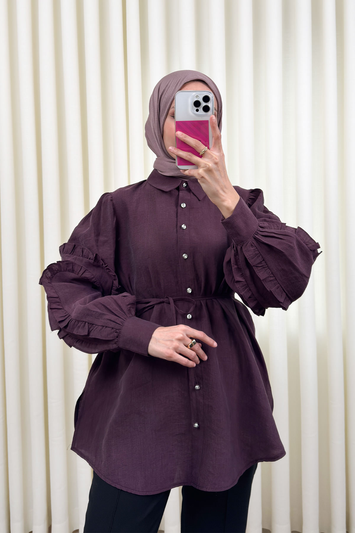 Fırfır Kol Detaylı Gömlek 0061 - MÜRDÜM |  