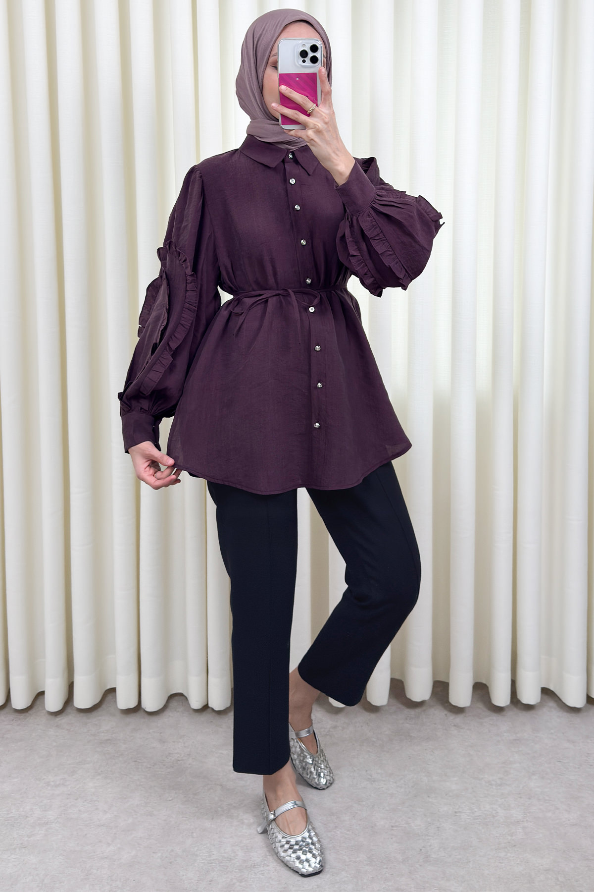 Fırfır Kol Detaylı Gömlek 0061 - MÜRDÜM |  