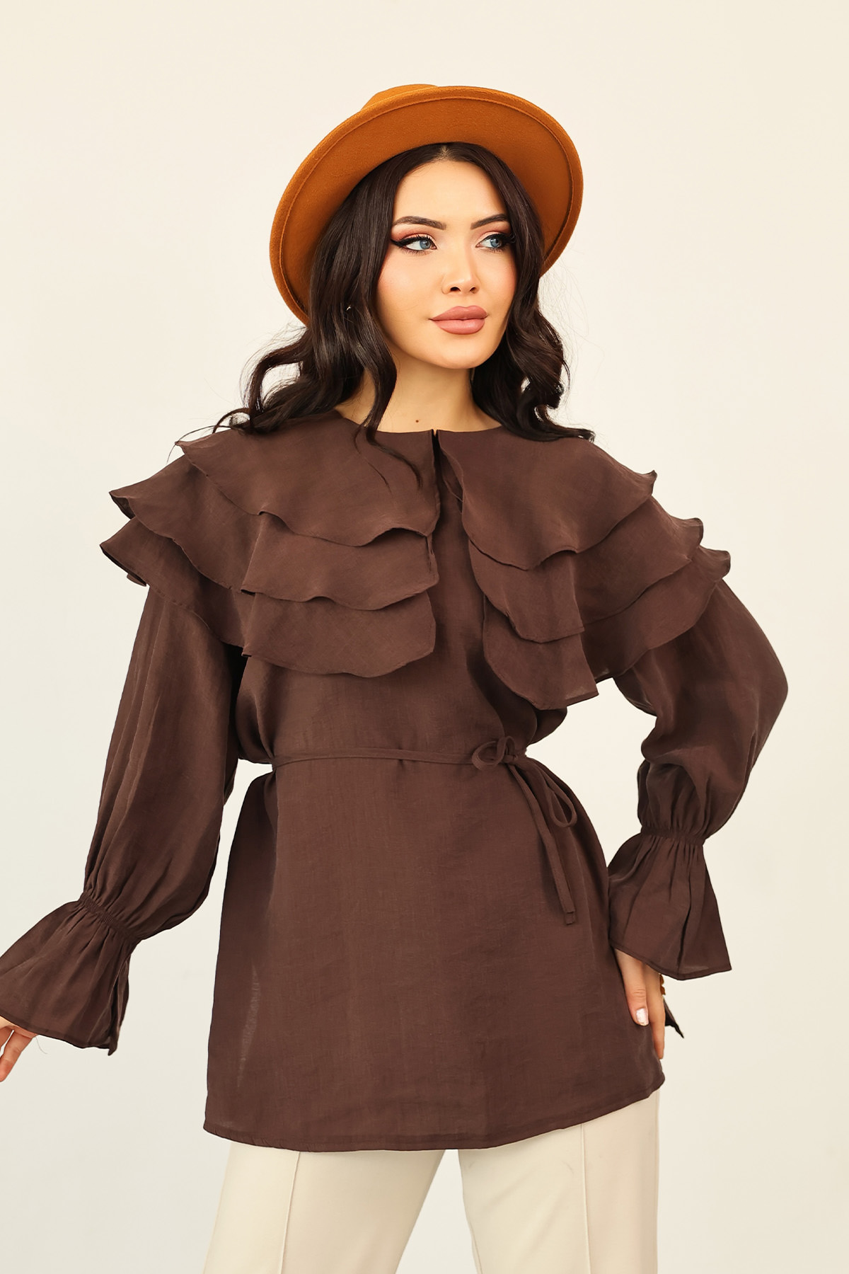 Katlı Yaka Tunik 0062 - KAHVERENGİ |  