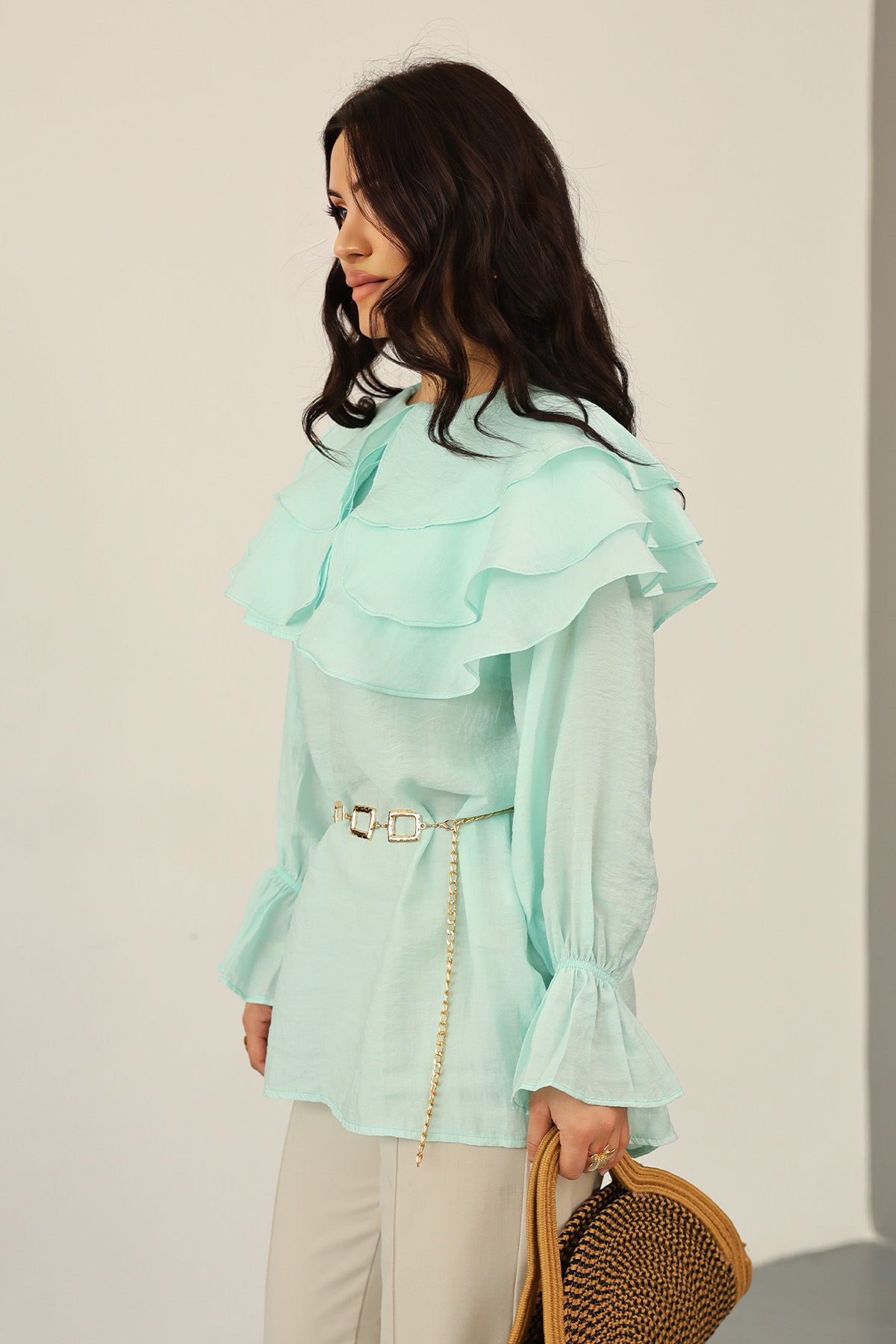 Katlı Yaka Tunik 0062 - MİNT YEŞİLİ |  