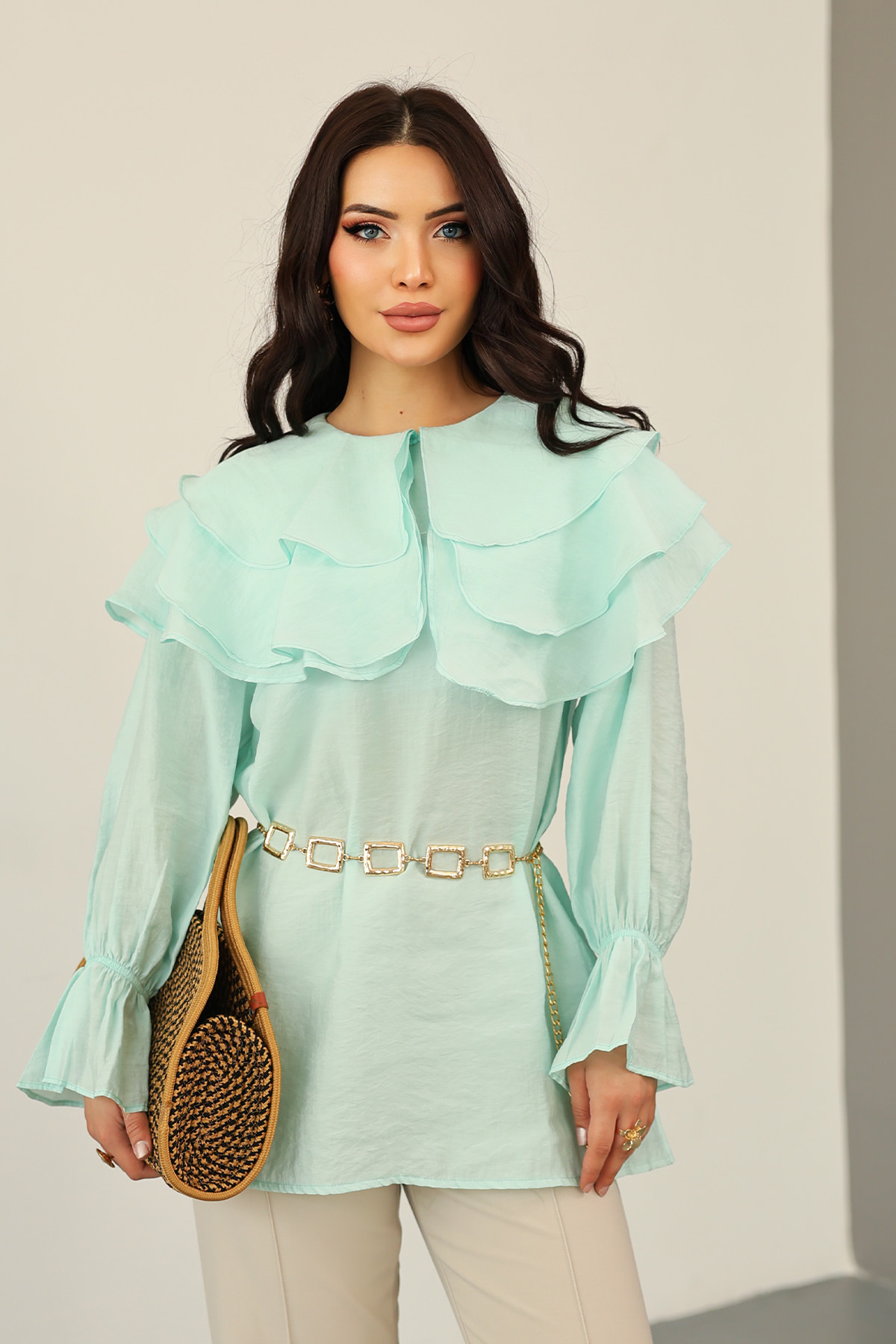 Katlı Yaka Tunik 0062 - MİNT YEŞİLİ |  
