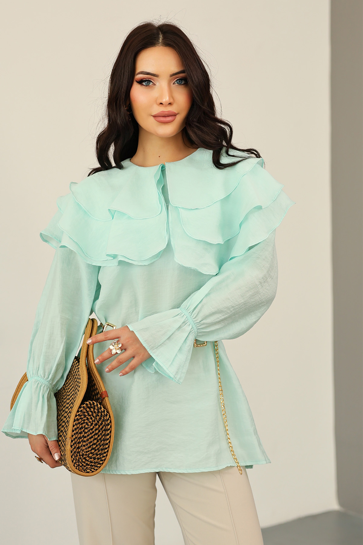Katlı Yaka Tunik 0062 - MİNT YEŞİLİ |  