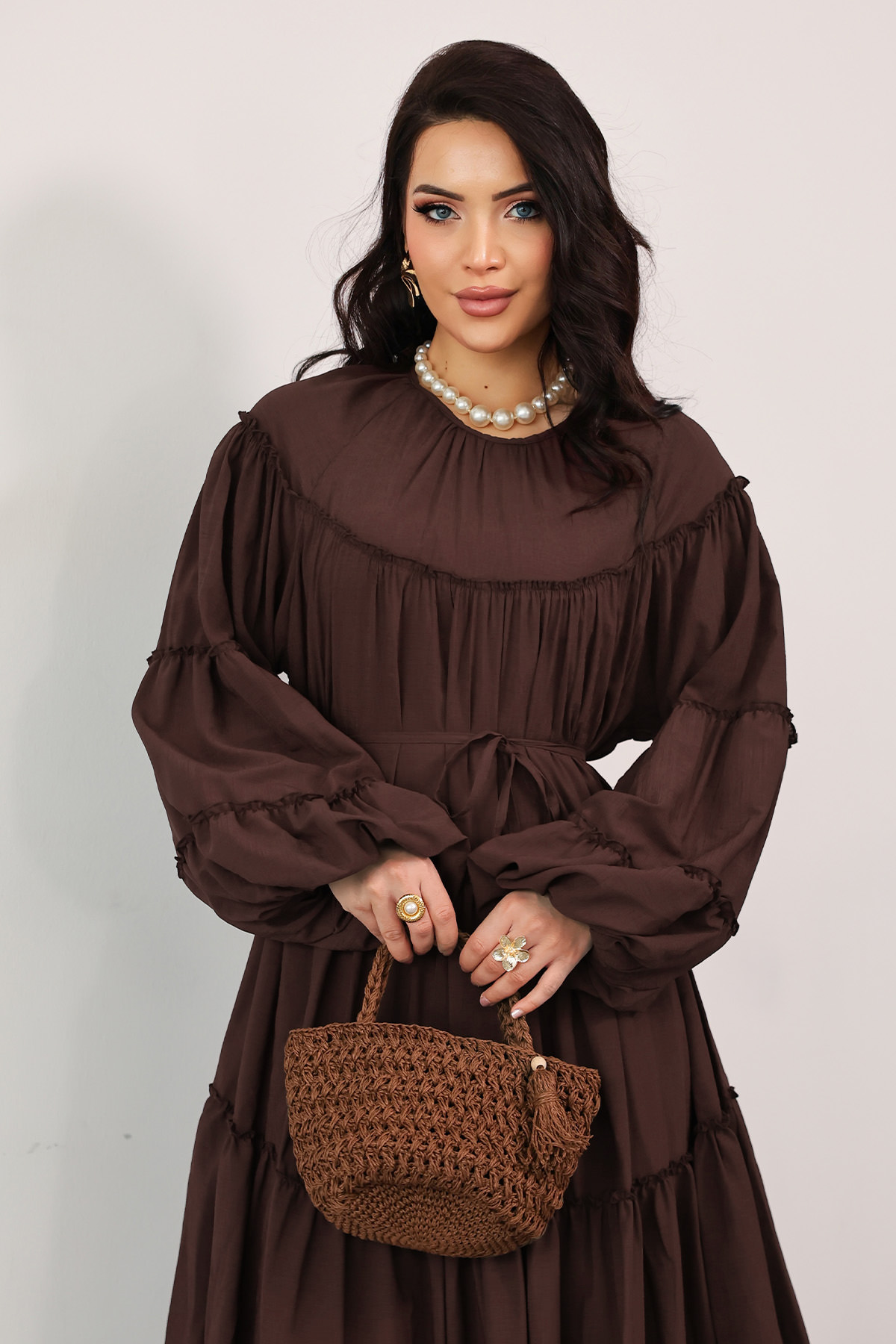 Katlı Fırfırlı Elbise 0063 - KAHVERENGİ |  