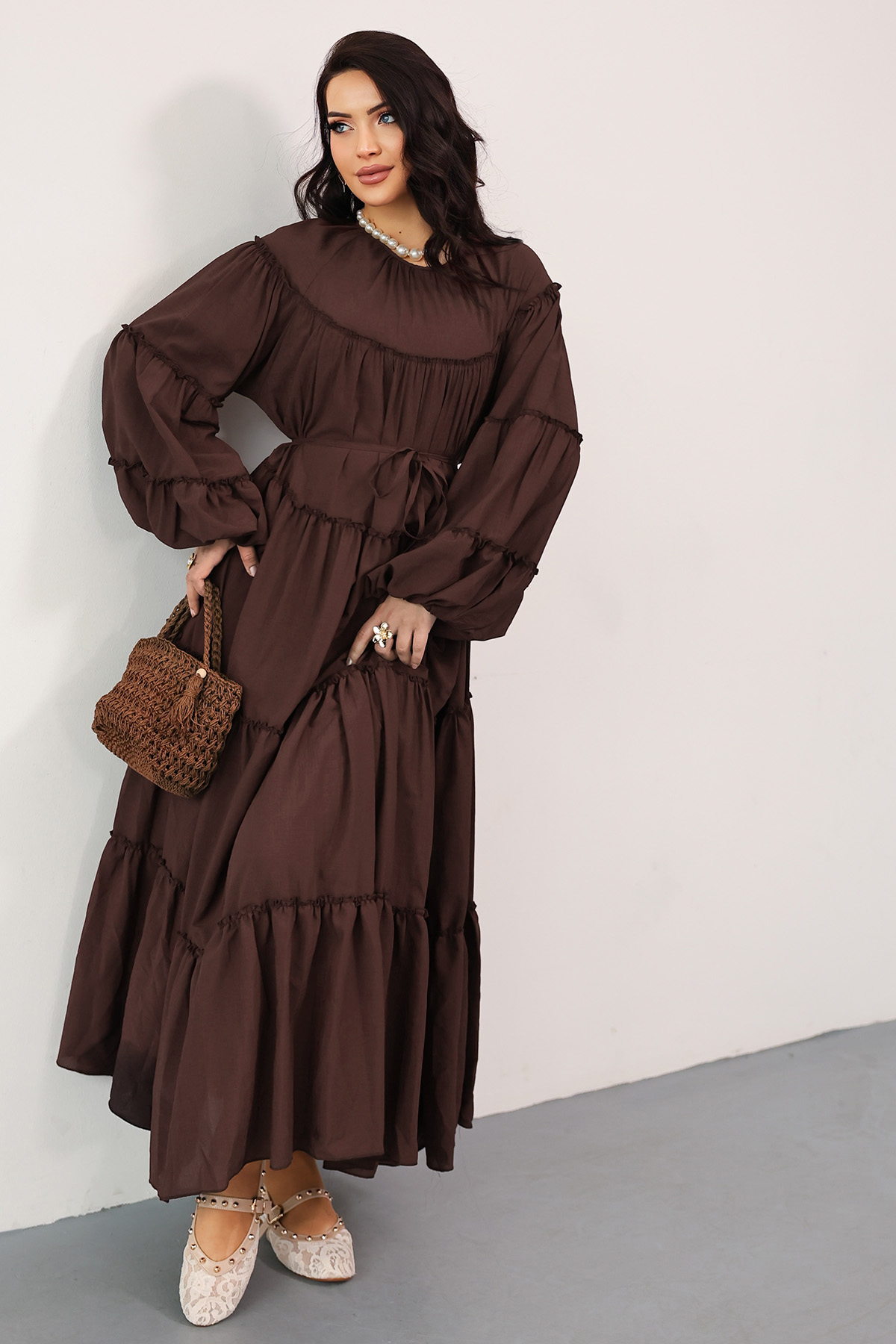 Katlı Fırfırlı Elbise 0063 - KAHVERENGİ |  