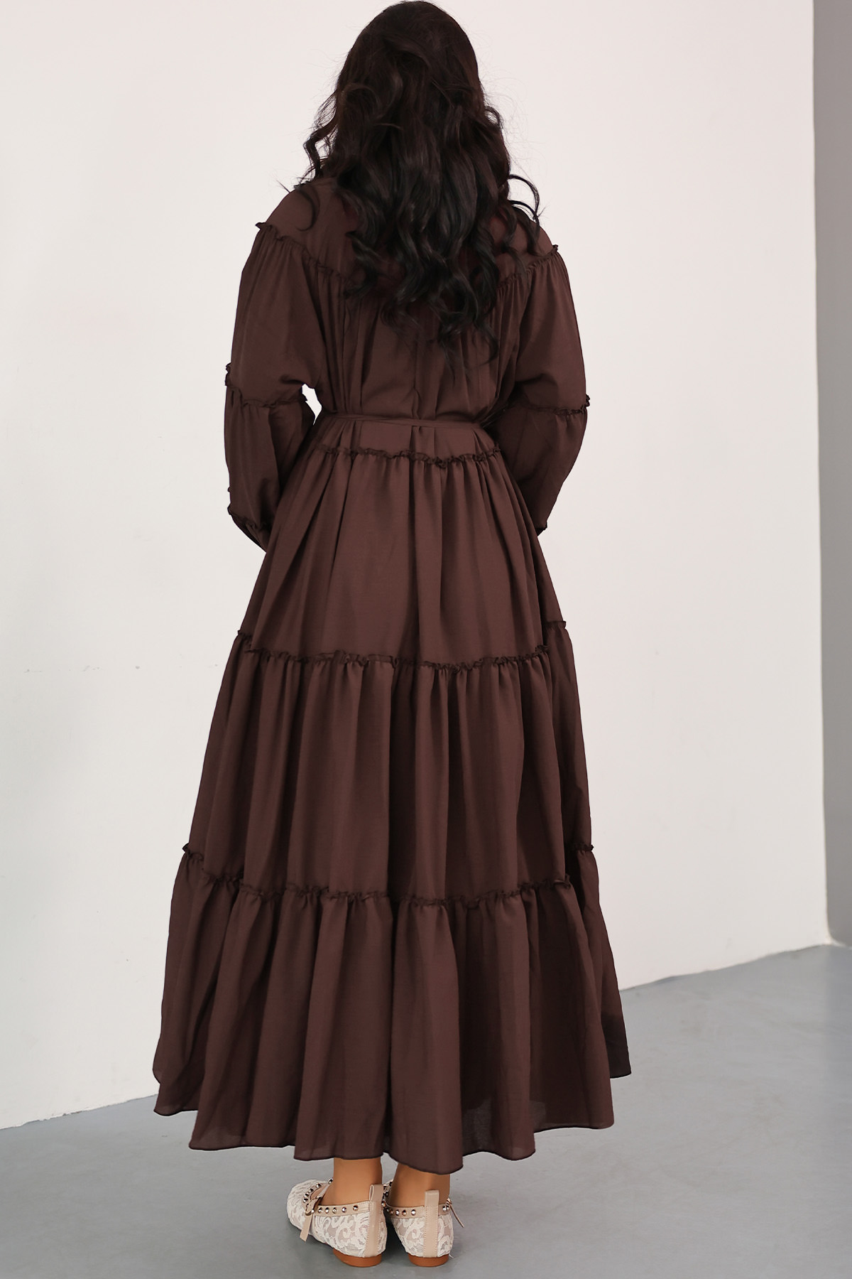 Katlı Fırfırlı Elbise 0063 - KAHVERENGİ |  