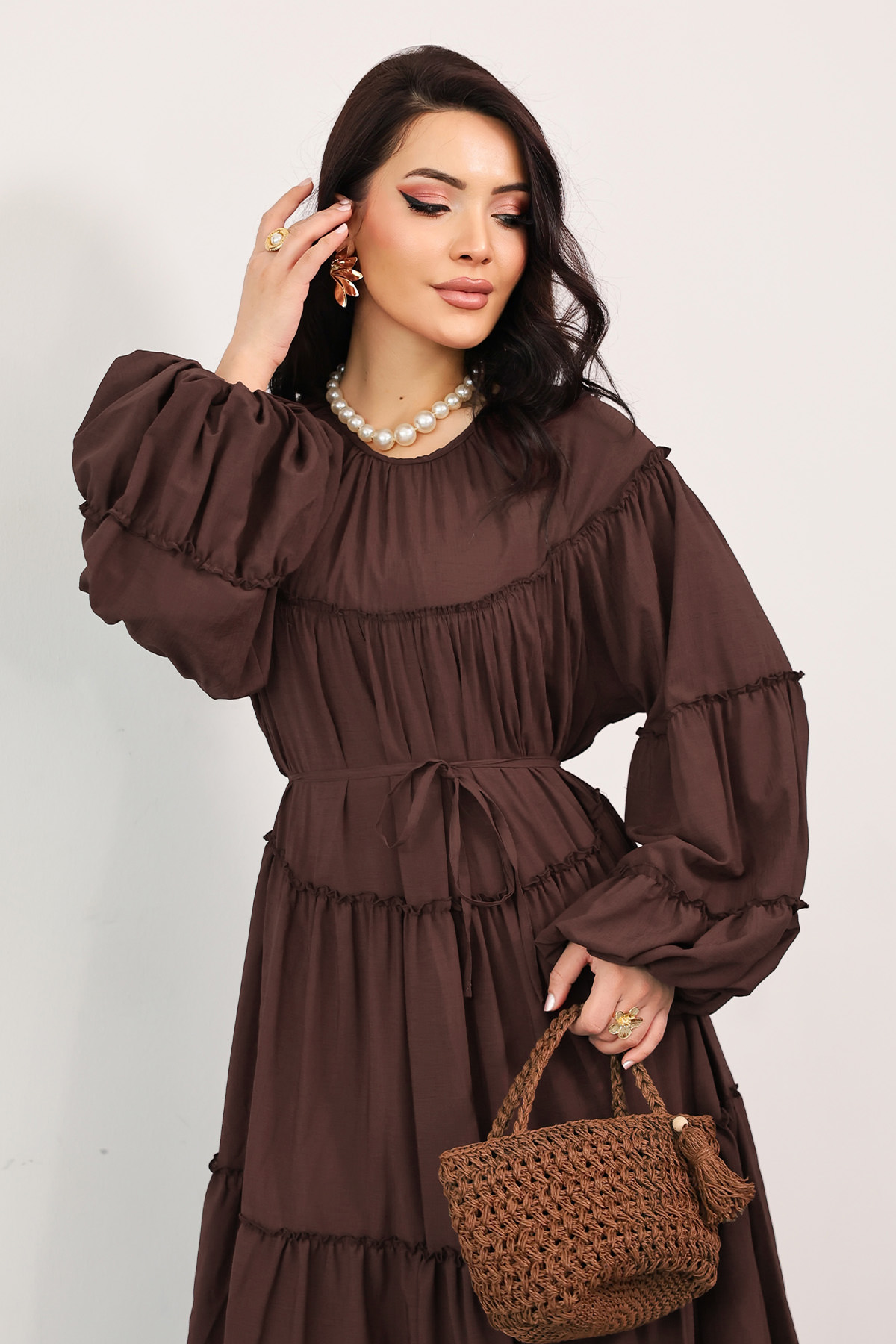 Katlı Fırfırlı Elbise 0063 - KAHVERENGİ |  