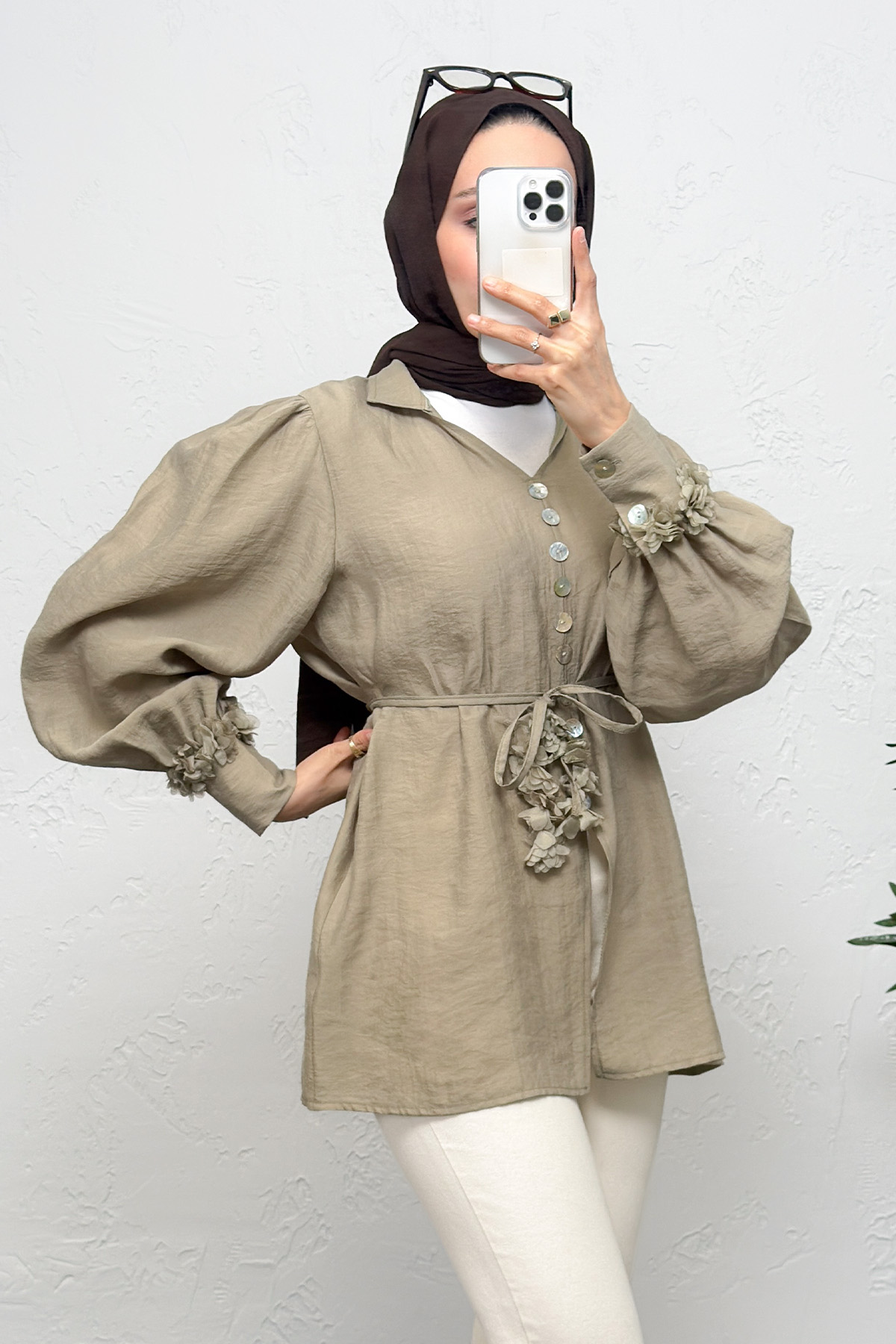 Çiçek Aksesuarlı Gömlek 0064 - HAKİ |  